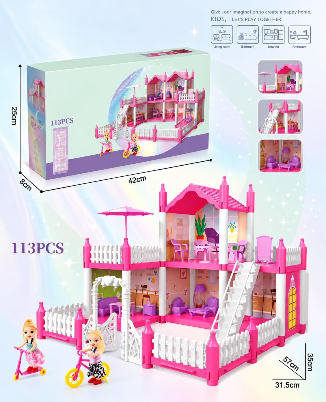 113 PCS Doll House - Princess Villa Playset with Dolls & Bikes -8 113 PCS Doll House - Princess Villa Playset with Dolls & Bikes -8