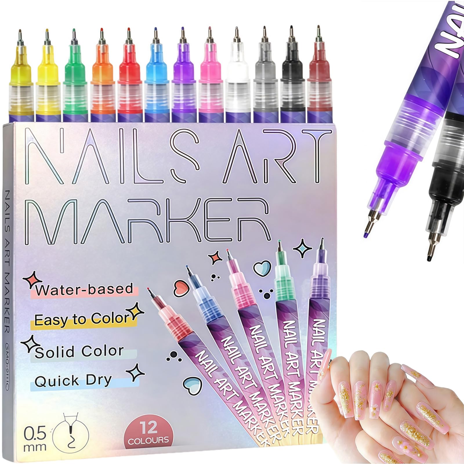 2026 New 12 Colours Nail Art Markers, Nail Art Pens tools, Nail Polish Pens Set with Fine Tip,Water-Based Quick Dry Ink for DIY Nail Art, Manicure &