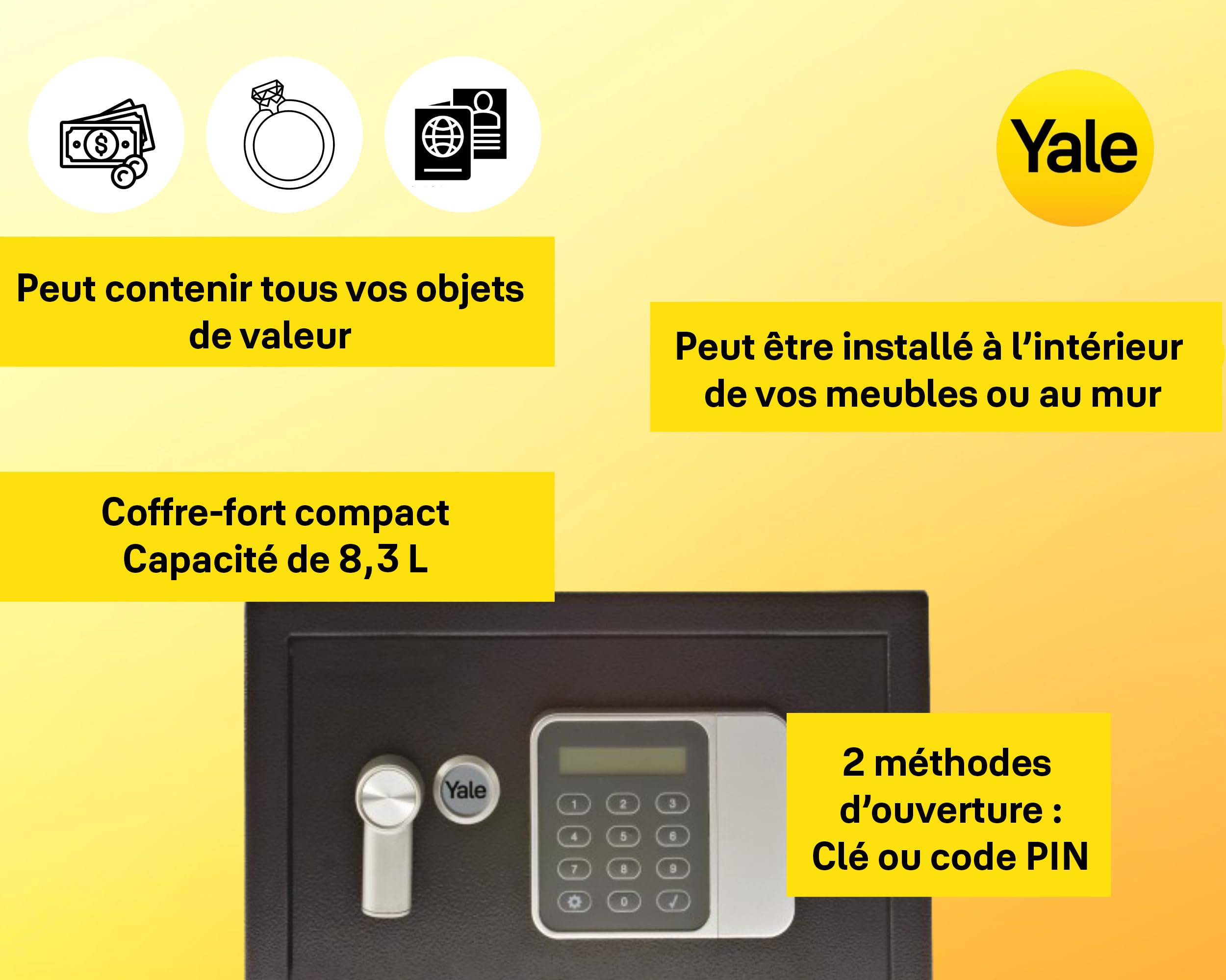 Yale Coffre-Fort Électronique Hôtel - Compact 8.6L - Serrure électronique 100 000 Combinaisons, Code utilisateur et Code maître 3 à 8 Chiffres pour Clients et hôtelier - 20x31x20cm YSG/200/DB2