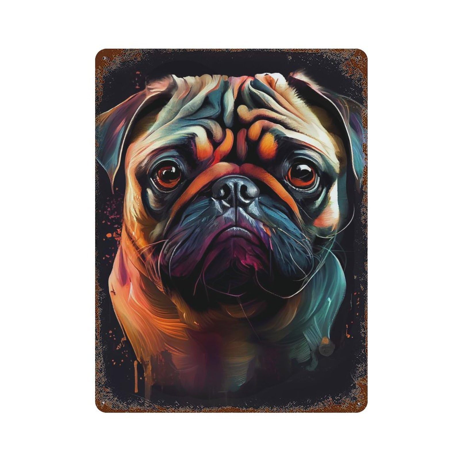 Pug Dog Drawn Vintage Wall Sign 15.7"x11.8", Rust Effect Metal Decor for Living Room, Hallway And Home Decor