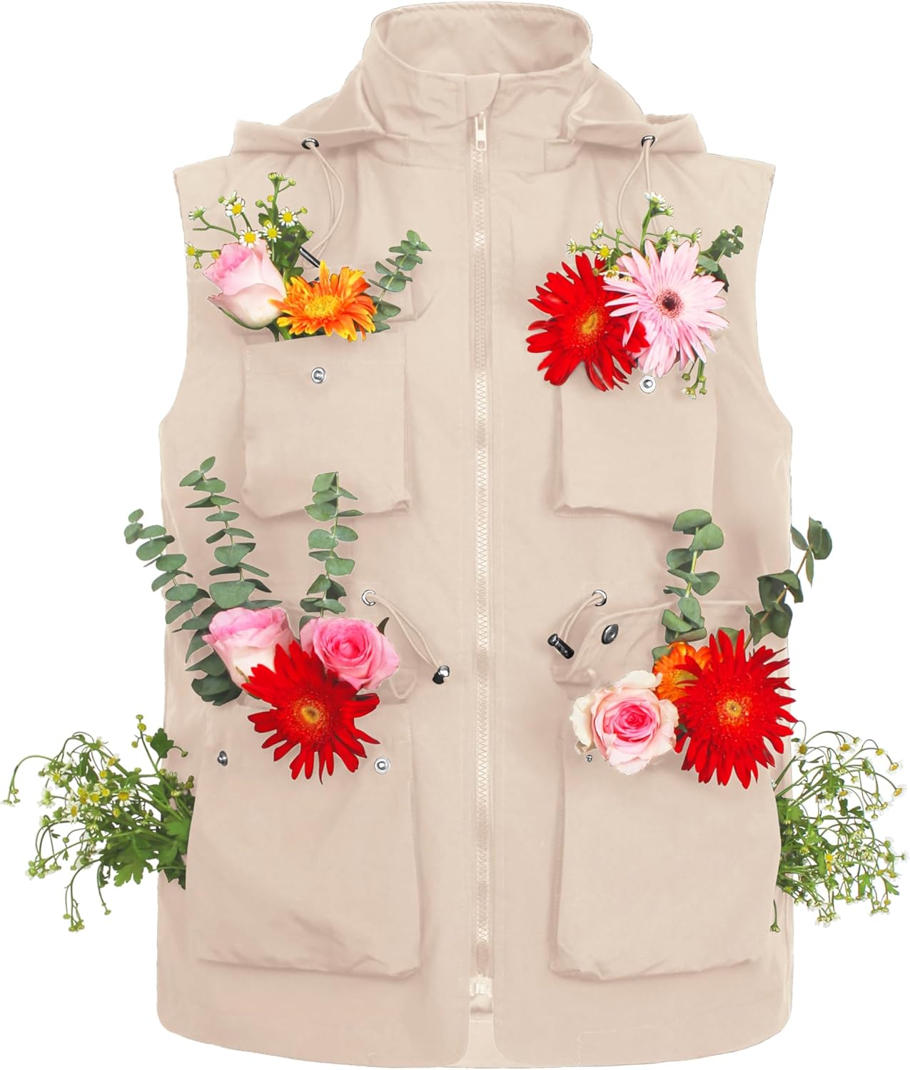 PESION Womens Packable Military Utility Vests Outerwear Waterproof Windbreaker Jacket Cargo Vest with Removable Hood - Image 4