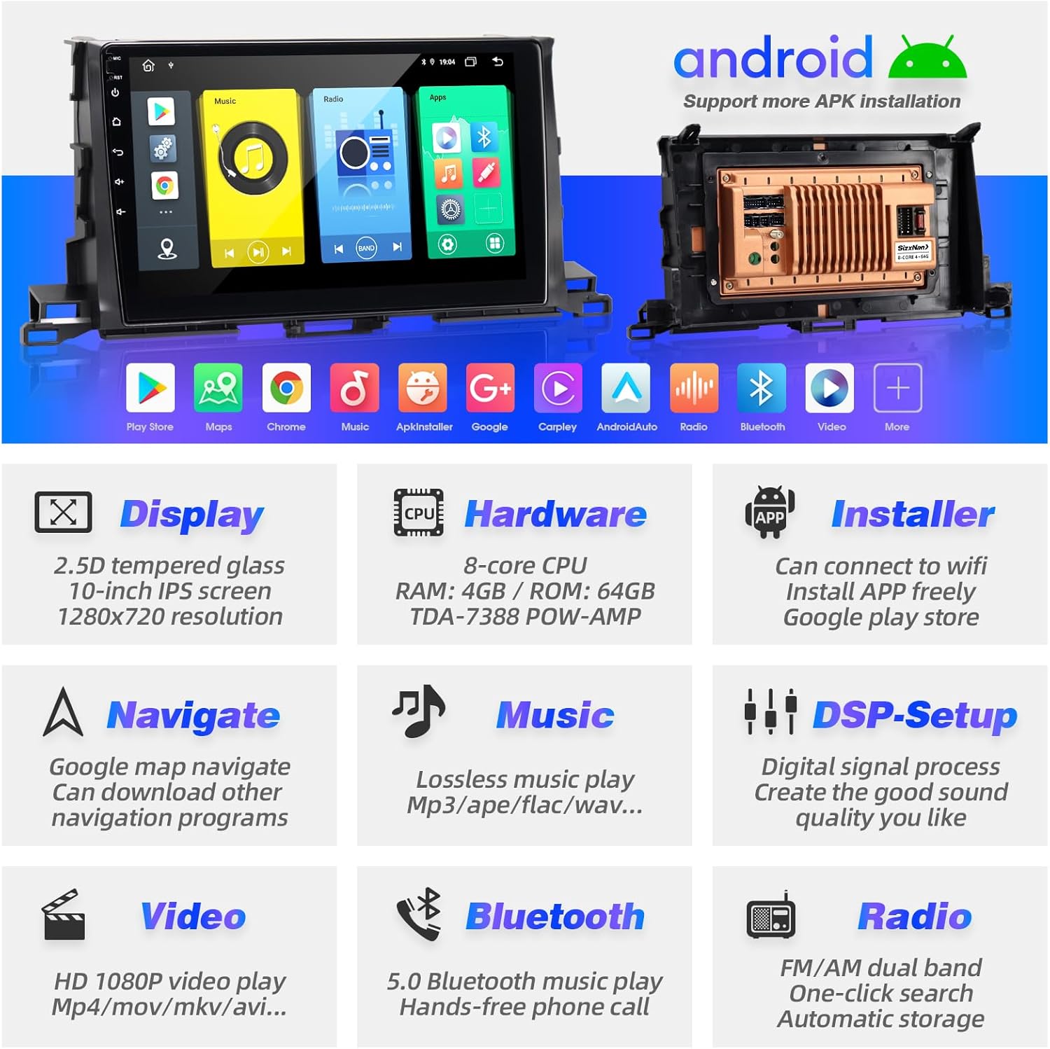 for Toyota Highlander 2015-2018 Radio Compatible with Wireless Carplay Android Auto,8Core 4+64GB Head Unit Car Stereo Bluetooth Navigation GPS WiFi FM AM Multimedia Player Camera Touchscreen