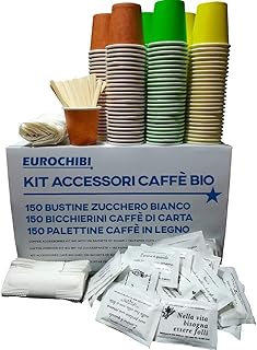 Kit Accesorios CAFÉ Bio con 150 BOLSITAS DE AZÚCAR + 150 Vasos DE Papel + 150 AGITADORES DE Madera - EUROCHIBI® LÍNEA Bi...