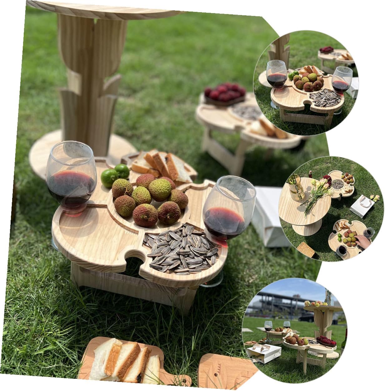 Portable Foldable Outdoor Wine Desk and Beach Picnic Table with Wooden Tray, 35cm Diameter, Lightweight Beverage Holder for Camping and Travel