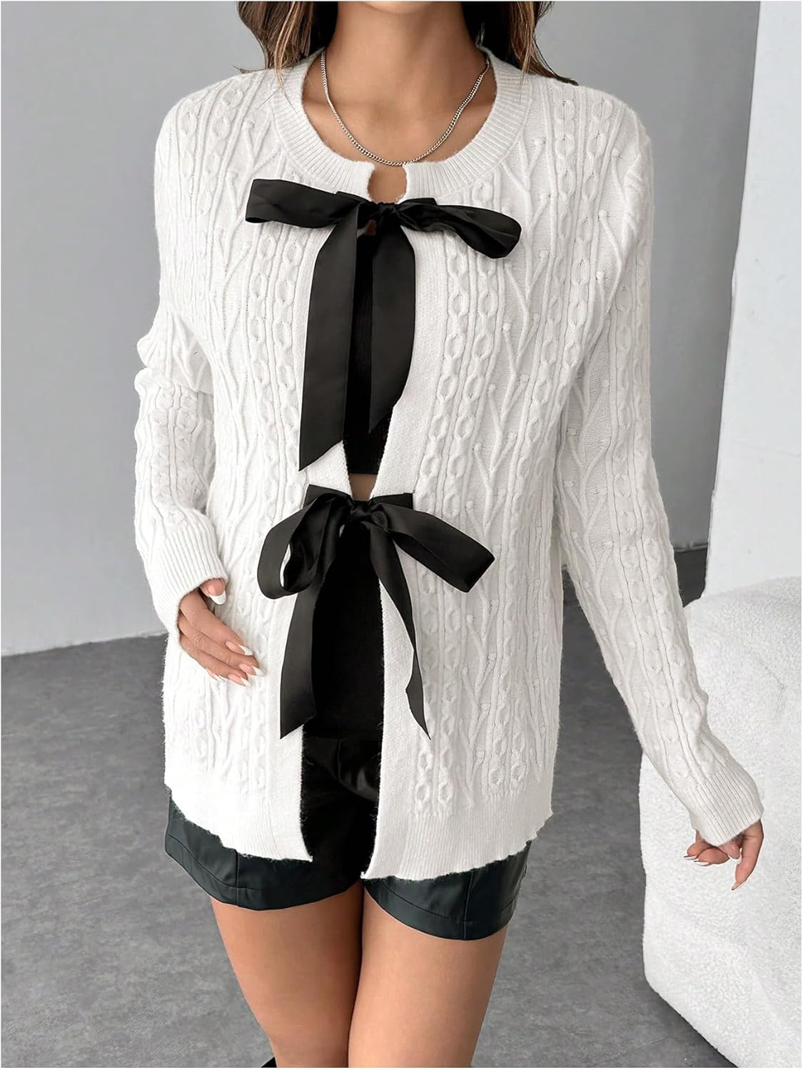MakeMeChic Women's Maternity Sweater Bow Knot Crew Neck Long Sleeve Pregnancy Cardigan - Image 5