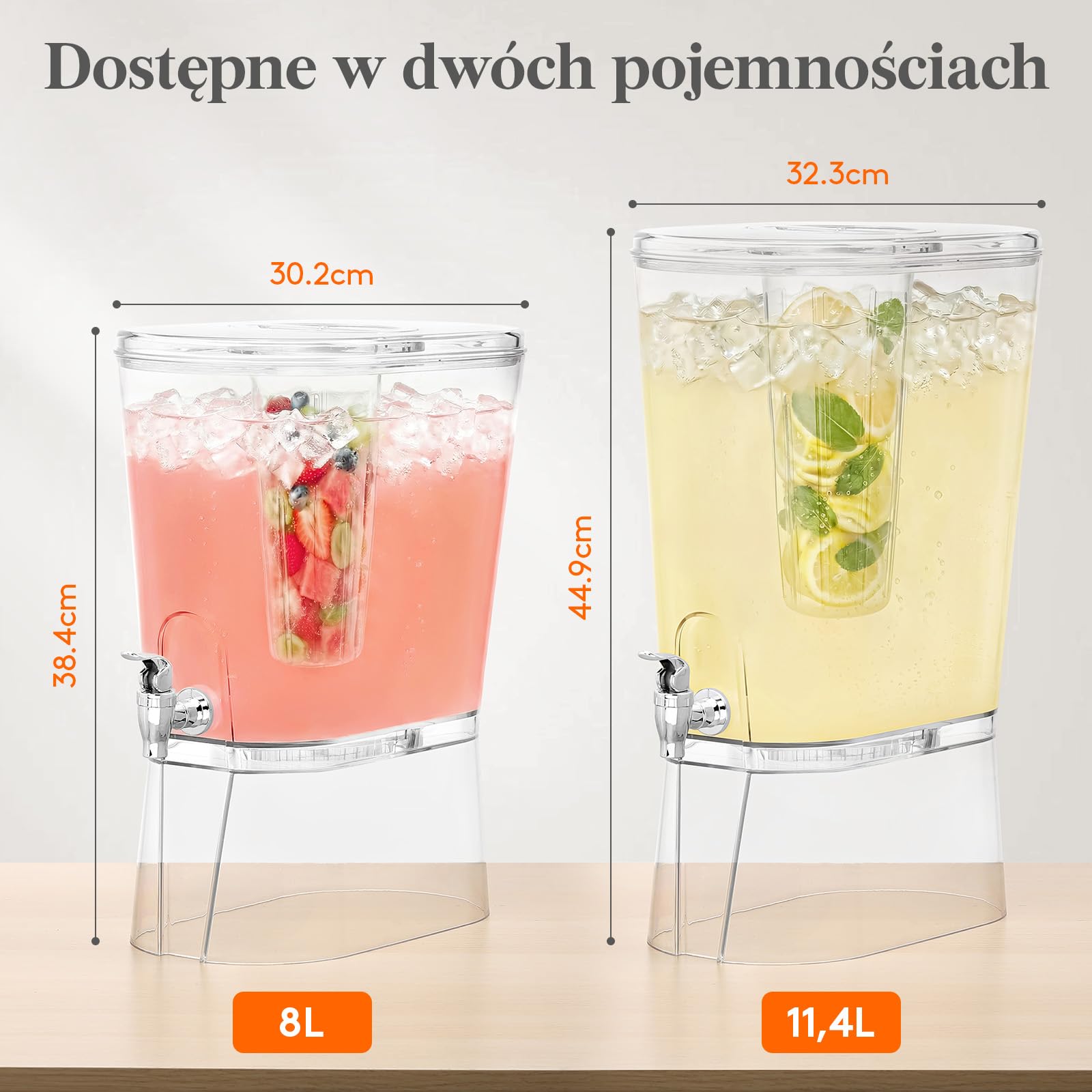 Lifewit 11,4L Dystrybutor Napojów z Kranikiem, Duży Plastikowy Dyspenser na Imprezę ze Stojakiem i Rdzeniem Lodowym, Przezroczyste Pojemniki z Pokrywką do Soku/Lemoniady/Coli/Herbaty, Bez BPA, 2 Szt