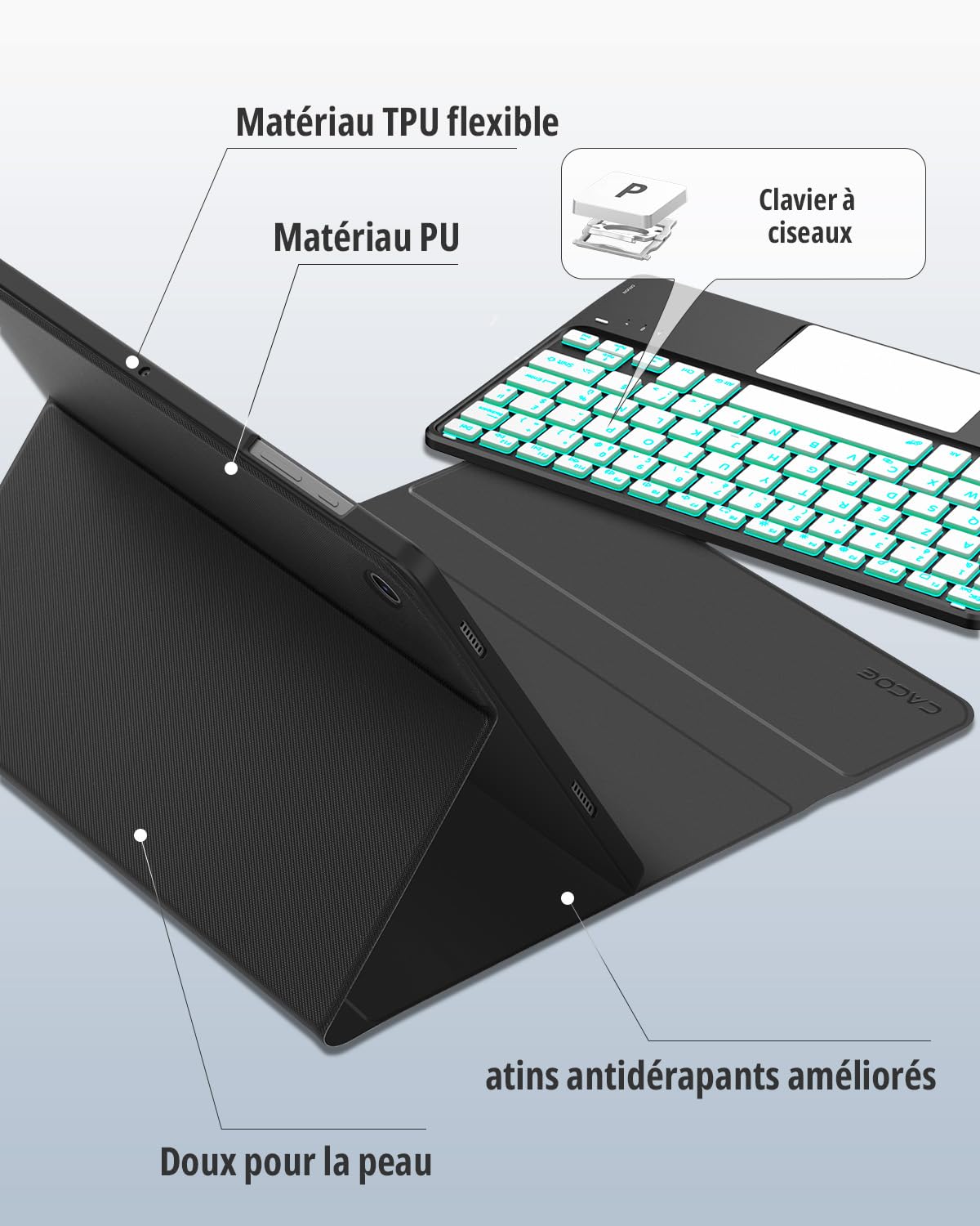 CACOE Étui Clavier Compatible avec Samsung Galaxy Tab A11 Plus / А9 Plus 2025/2023 11 Pouces avec Pavé Tactile, Éclairage 7 Couleurs Clavier AZERTY sans Fil Amovible, Noir