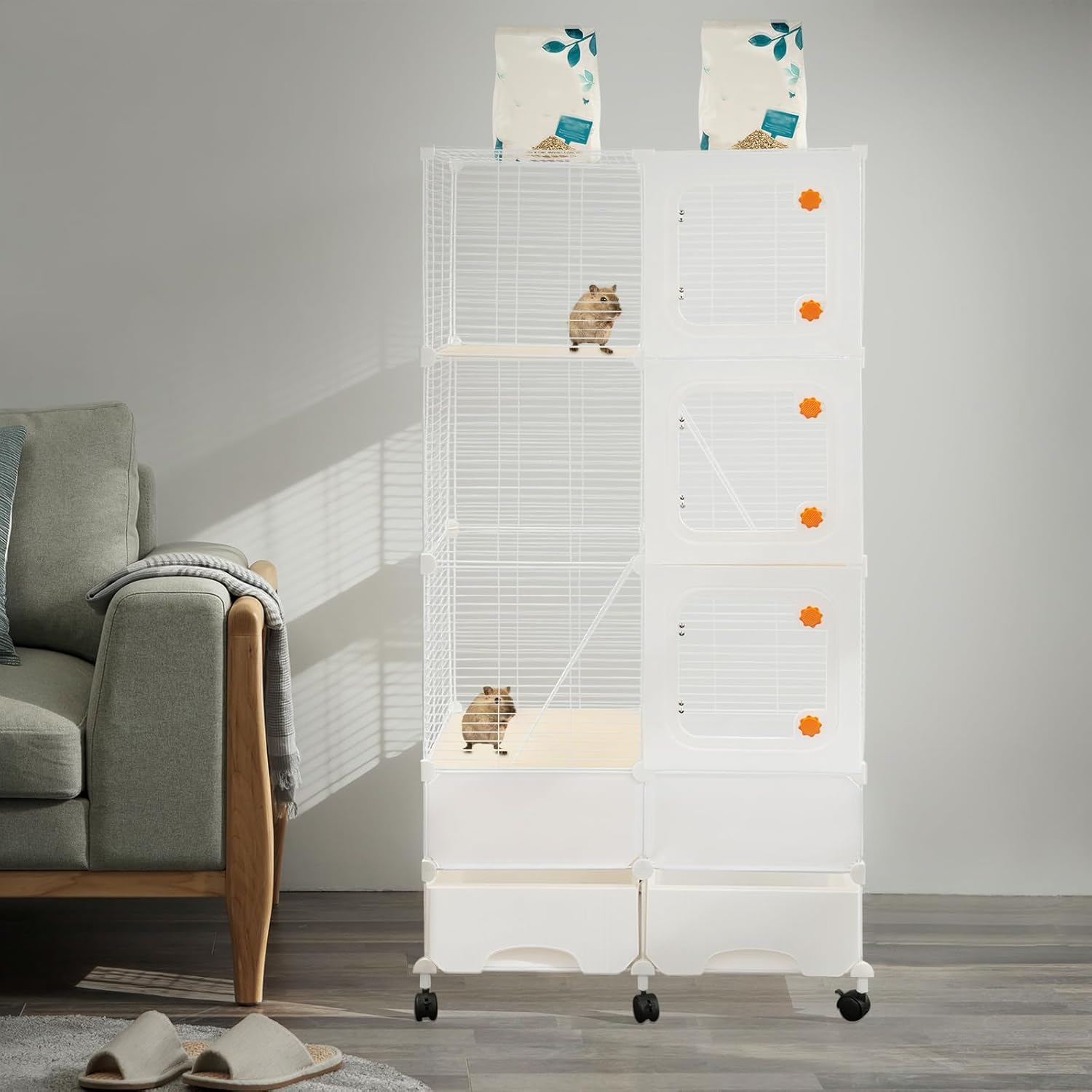 4-Tier Wide Pet Cage with 2 Drawers & 6 Brake Wheels, 74×37×155cm Large Capacity Pet Cage for Squirrel Chinchilla Bird Rabbit Ferret Home Pet Store (White)
