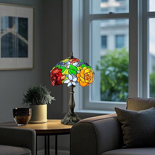 Miniatura 3 de Tiffany Style Stained Glass Table Lamp, Floral Pattern Desk Light with Antique Bronze Resin Base, Red Roses Decorative Lighting for Bedroom, Living
