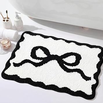 Tinideya Black Bow Bathroom Rug 16" x 24" Scalloped Bow Bath Mat