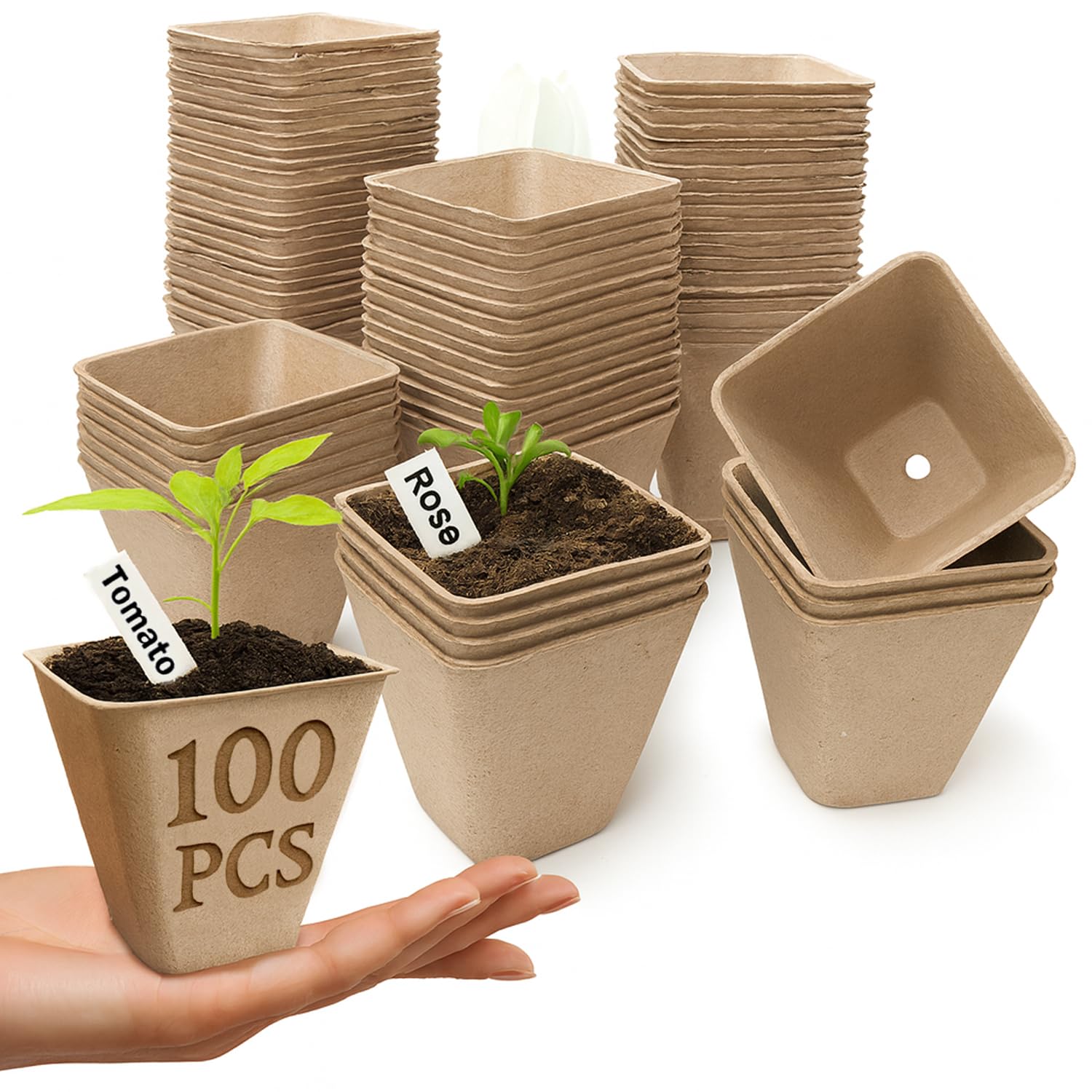 AMERTEER 100Pcs Peat Pots Plant Starters for Seedling, Biodegradable Herb Seed Pots for Plant Starters, Seedling Pots, Peat Seed Pot for Gardening, Sustainable & Compostable Seedling Pots