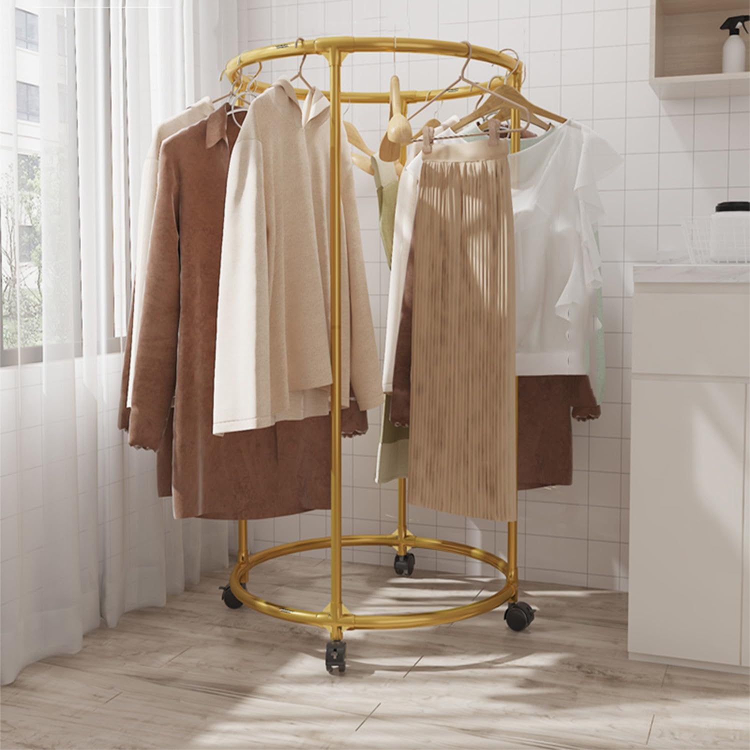Przenośny okrągły stojak na ubrania z kółkami – stabilny stojak na ubrania do sklepów detalicznych, butików, sypialni i małych mieszkań – konstrukcja oszczędzająca miejsce (75 x 75 x 135 cm)