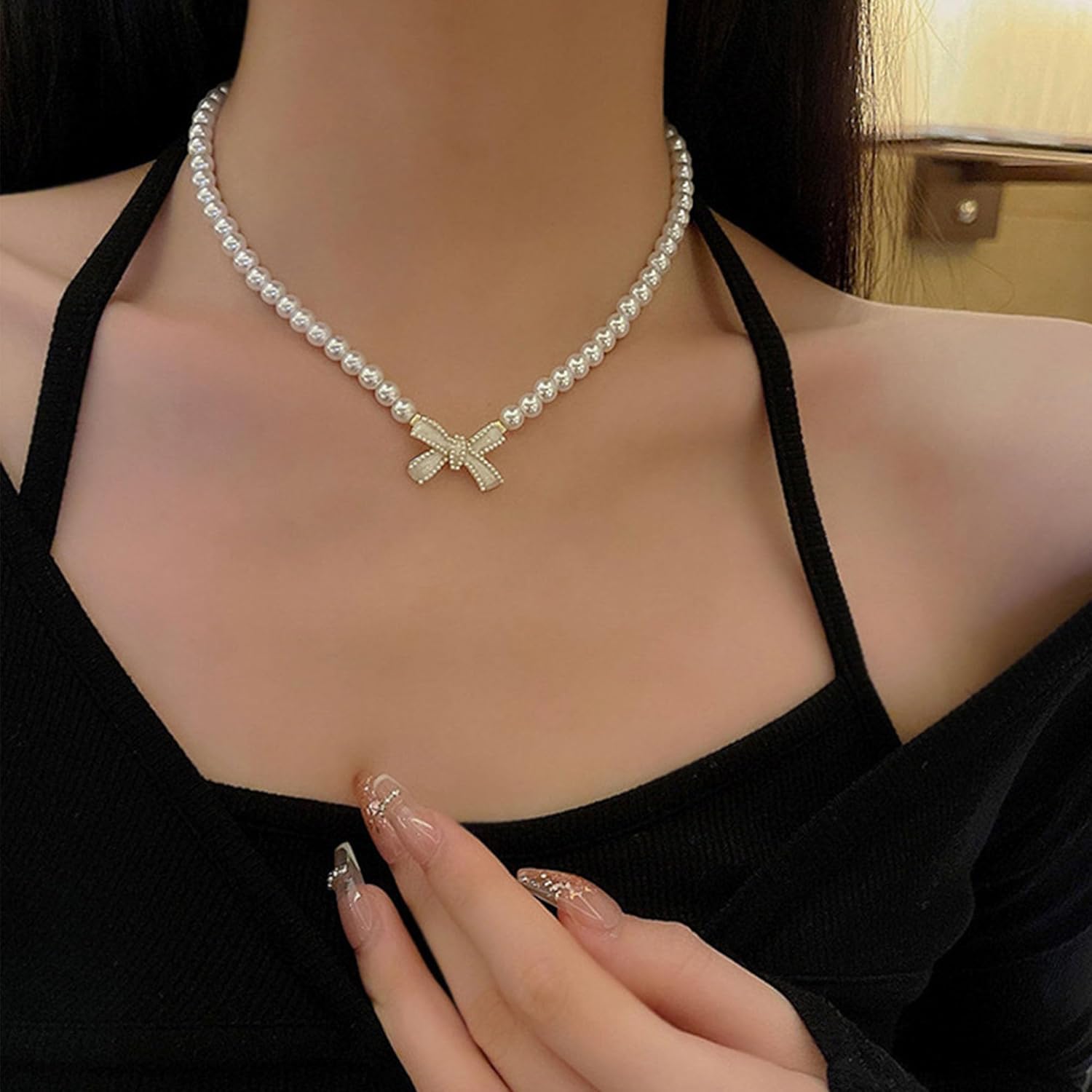 Boho Pearl Choker Necklace Gold Bow Chain Vintage White Pearl Beaded Wedding Crystal Bow Necklace Jewelry for Women - Image 3