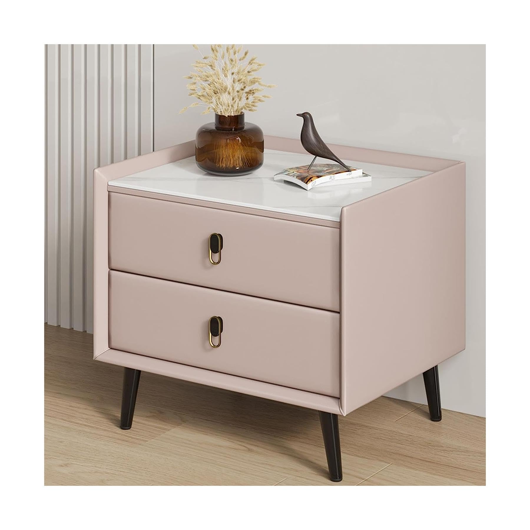 BHGFYXBS Nightstand Nordic Leather End Table Faux Marble Top Bedside Table W/2 Drawer Bedside Dresser Wooden Square Bedside Cabinet,Blue,Pink,Pink