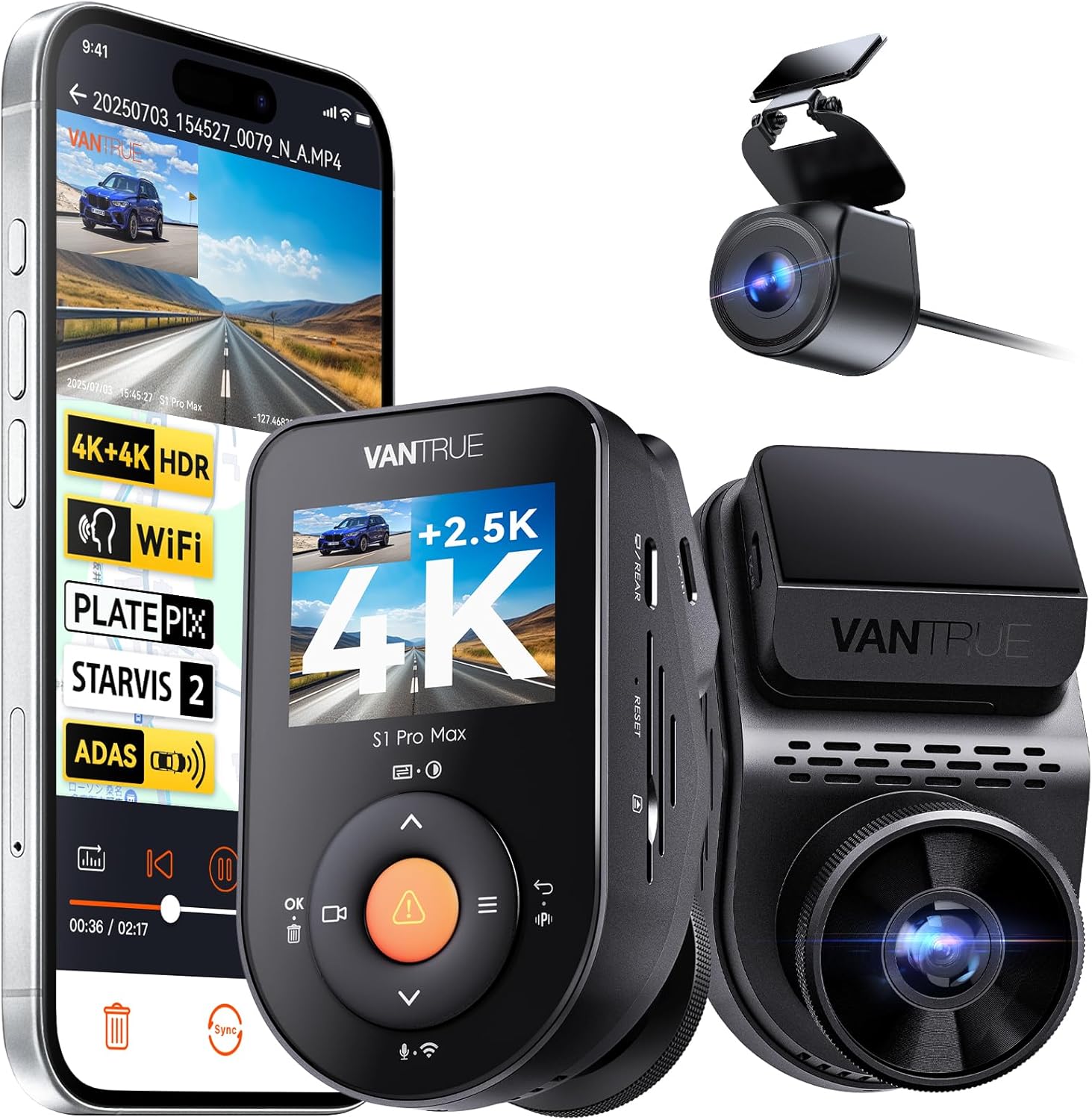 VANTRUE S1 Pro Max 4K+2.5K ドライブレコーダー 前後カメラ 【ソニー制 STARVIS 2センサー IMX678+IMX675搭載】 WiFi搭載 前後HDR ドラレコ 超強暗視 PlatePix ナンバー認識強化 IP67防水リアカメラ 24時間駐車監視 ADAS/BSD安全支援 音声コマンド GPS/Gセンサー内蔵 LED信号/干渉対策 1TB対応(別売)