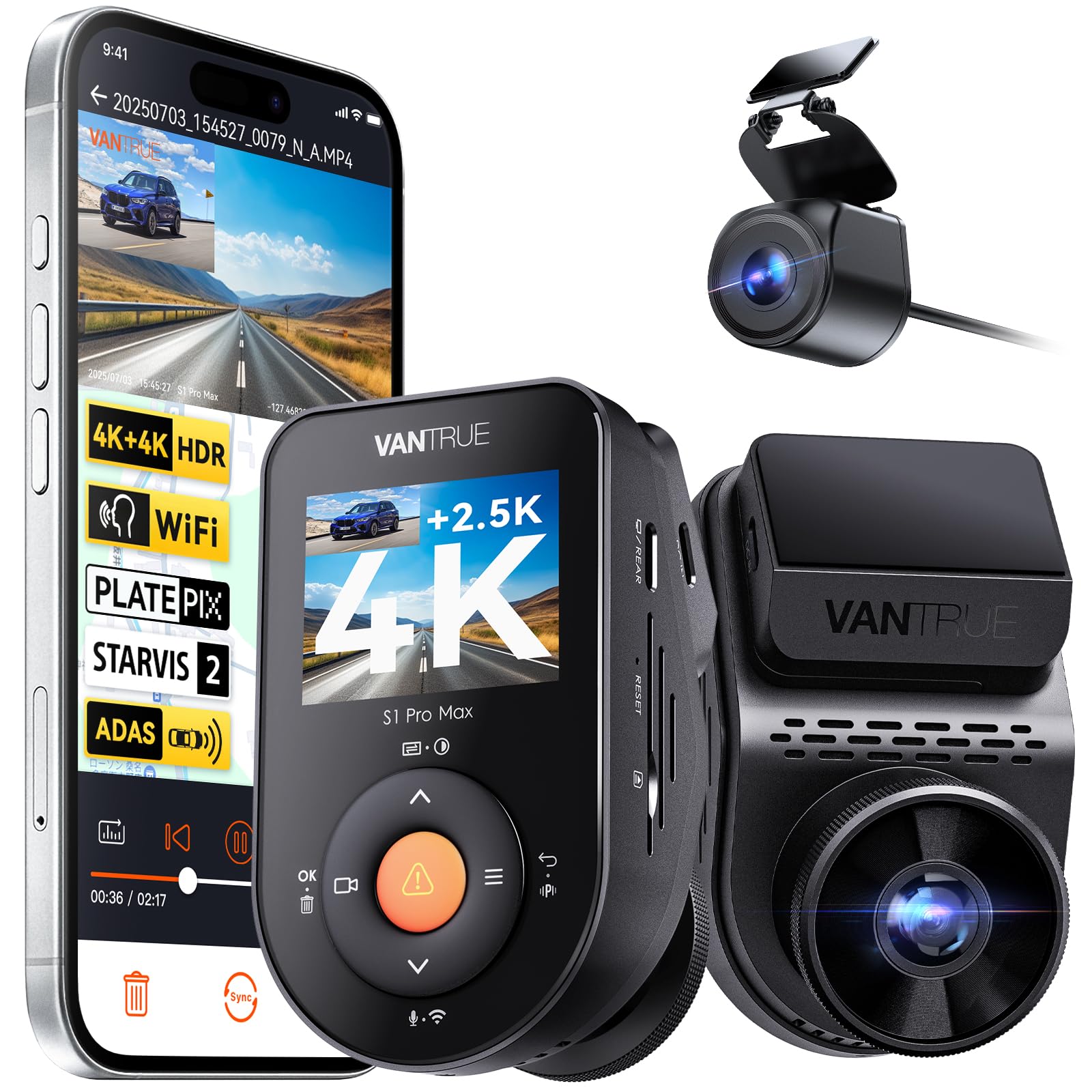 VANTRUE S1 PRO MAX 4K + 2.5K STARVIS 2 Dashcam Auto Anteriore Posteriore, 5G WLAN PlatePix AI Dash Cam GPS 360° HDR Buffer Monitoraggio Auto Camera LTE Opzionale, Comando vocale, Modalità di privacy