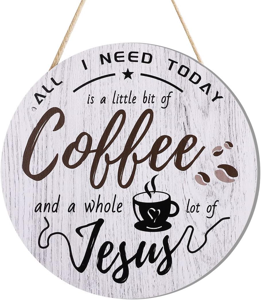 HMASYO Coffee Signs Decor for Coffee Bar, All I Need Today is A Little bit of Coffee and A Whole Lot of Jesus, Rustic Wood Coffee Bar Signs for Home, Office, Cafe, Coffee Station, 12'' x 12''
