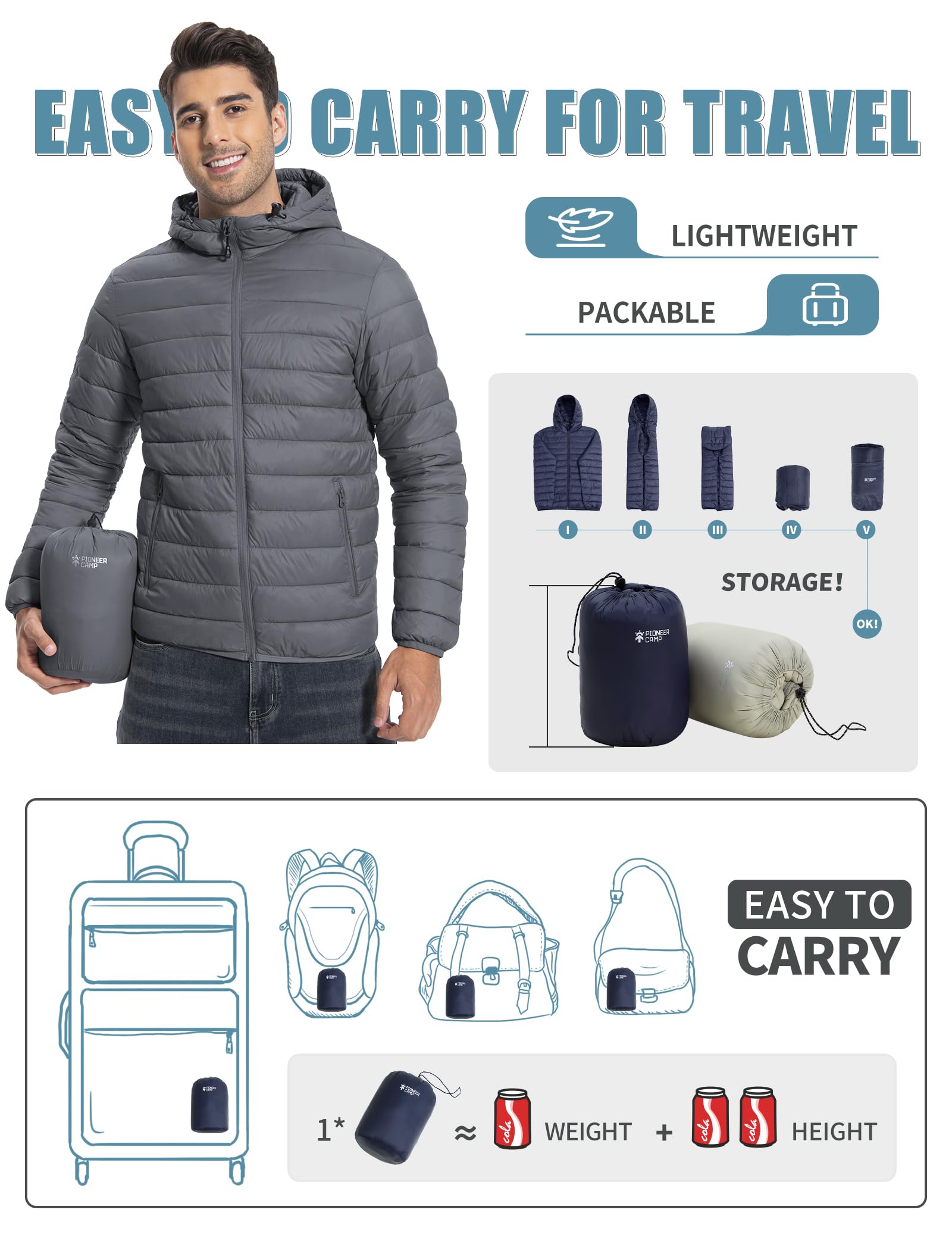 Herren Steppjacke Leichte Daunenjacken Winterjacke Übergangsjacke Outdoorjacke mit Kapuze und 6 Taschen