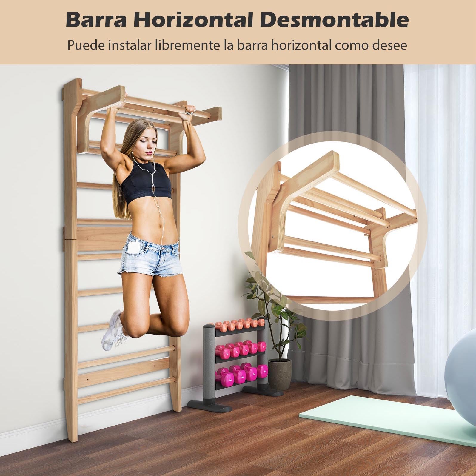 GYMAX Espaldera de Madera con Barra de Dominadas de Altura Ajustable, Estructura de Escalada de 195 x 80 cm para Adultos y Niños, para Fisioterapia, Gimnasia, Fitness, Soporta hasta 100 kg