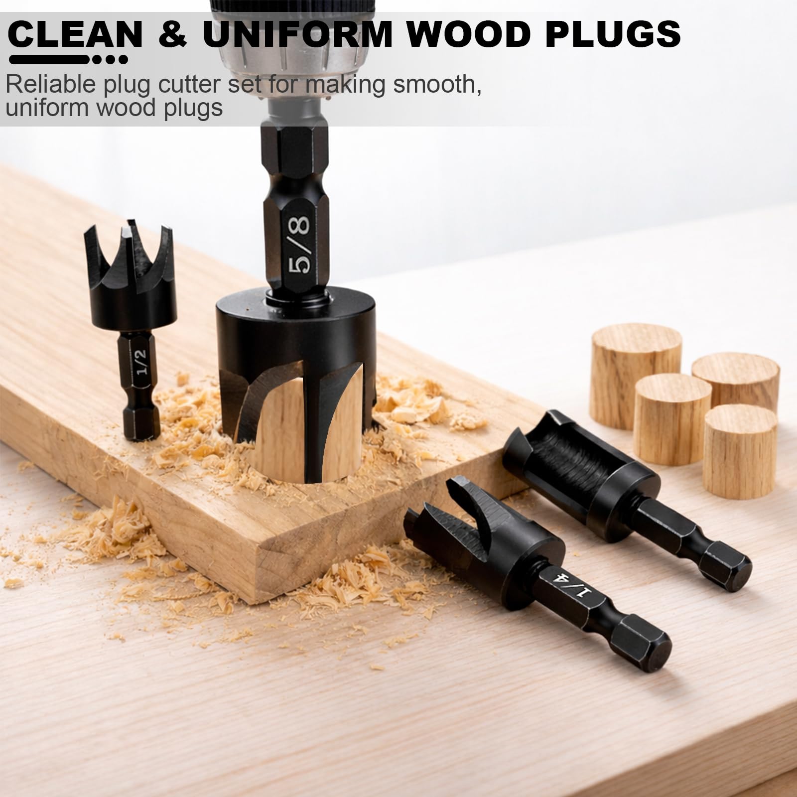 8 Pieces Black Wood Plug Cutter Drill Bit Set, Durable Plug Cutter, Straight and Tapered Plug Drill Bits 1/4", 5/8", 3/8", 1/2" with 1/4 Inch Hex Shank, Cutting Tool for Wood — Amazon image 5