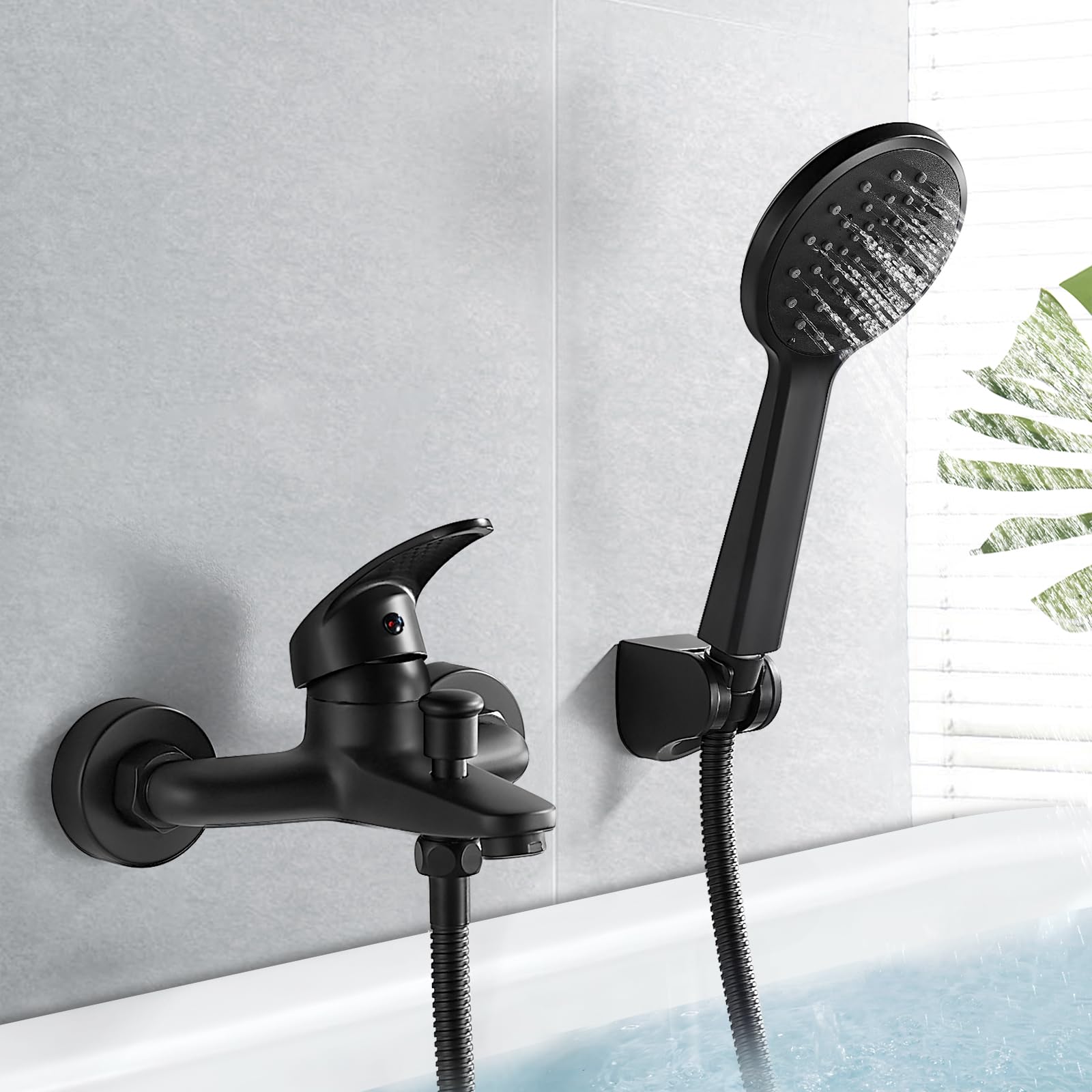 Rubinetto Vasca da Bagno Monocomando con Soffione Doccia e Tubo, Miscelatore Vasca da Bagno con Doccetta, Nero Opaco
