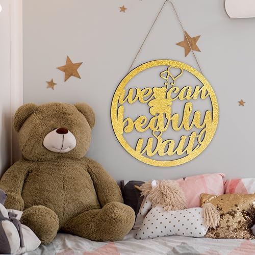 Miniatura 7 de Letrero colgante de madera con texto en inglés We Can Bearly Wait decoración de baby shower tema de oso de bebé letrero colgante de madera purpurina