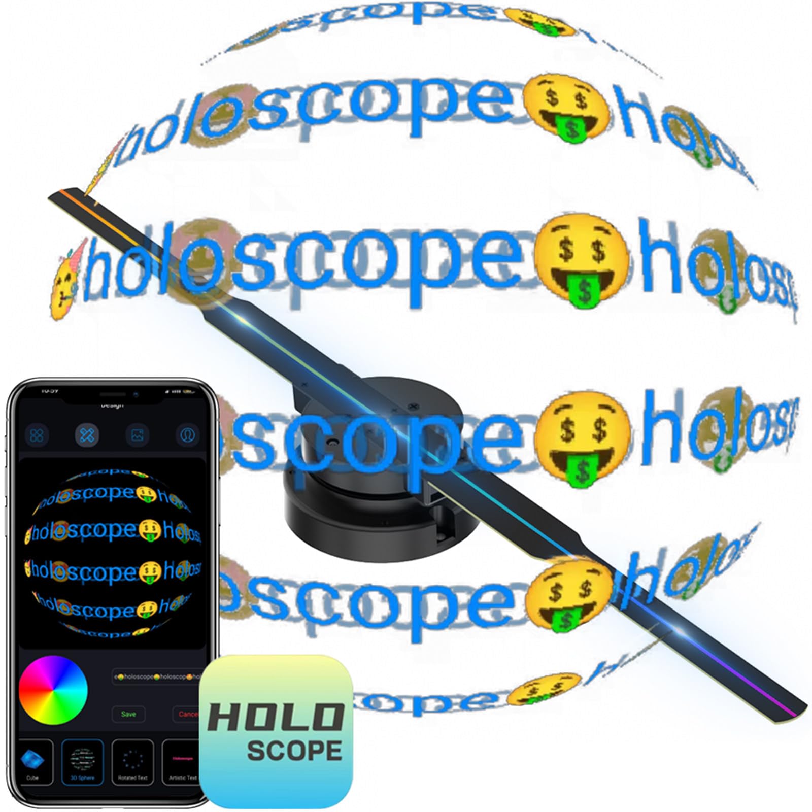 Wentylator holograficzny LED 3D (efekt bez okularów) z Bluetooth i aplikacją – wyświetlacz 1010RGB HD (352 diody LED) do sklepów i punktów handlowych