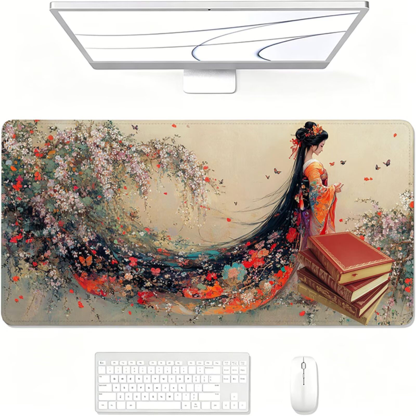 Tapis de Souris Gaming XXL, 800x400x3mm Tapis de Souris rouge, Grand Tapis de Bureau Sous Main avec Surface Spéciale Améliore la Vitesse et la Précision, Imperméable Mouse Pad femmes japonaises XF-373