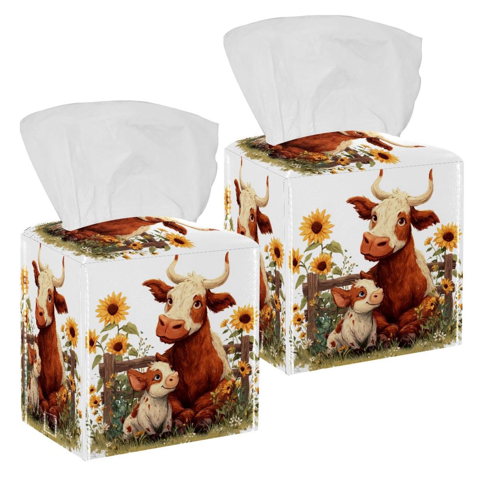 Cows and Sunflowers Tissue Box Cover, 2 Pack PU Leather Square Facial Tissue Dispenser Box holder for Home Office Car