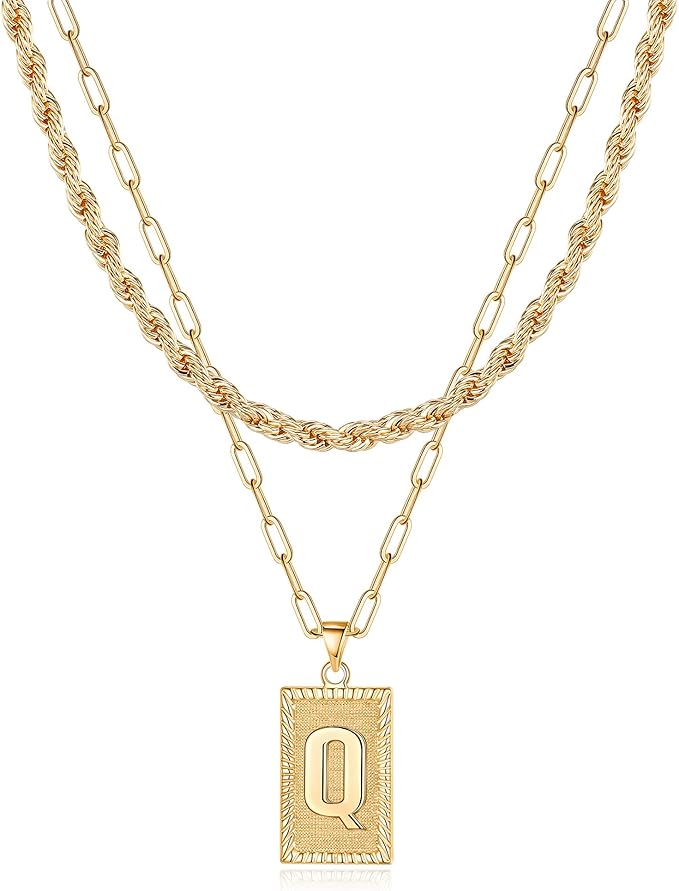 Yoosteel Layered Square Initial Necklaces for Women, 14K Gold Plated