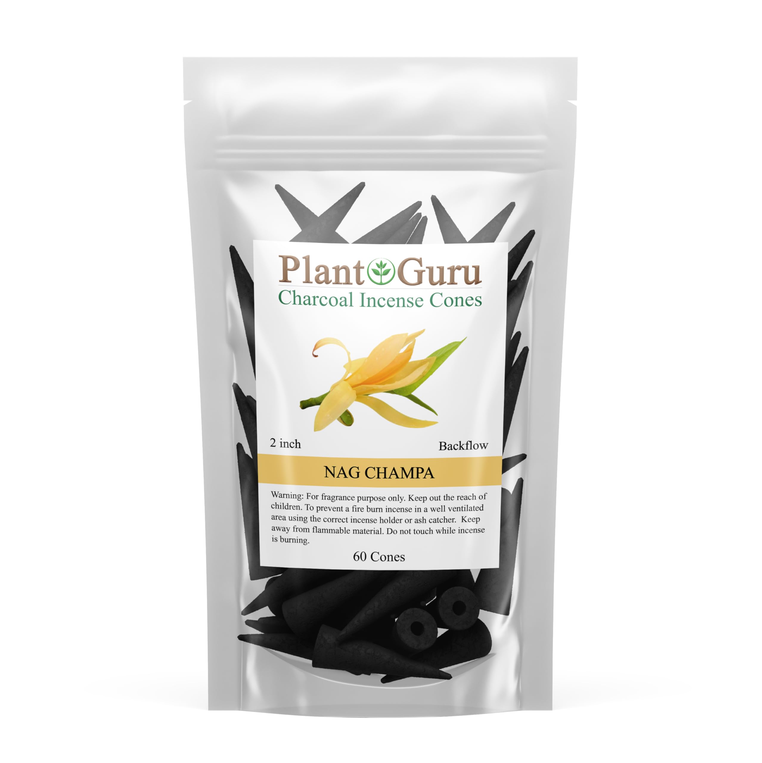 Nag Champa Charcoal Incense Cones 2" BACKFLOW - 60 Pack Bulk - Natural Scented Cones Handmade Hand Dipped