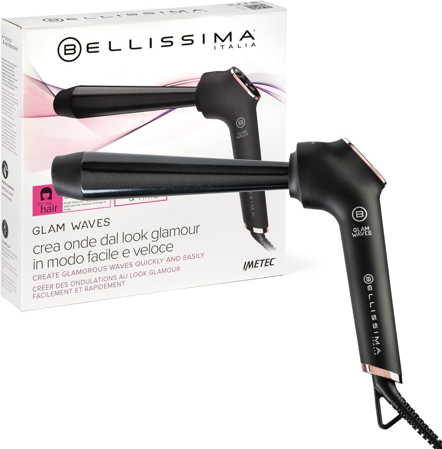 Bellissima Glam Waves Krultang, conische vorm, scherm, 5 temperaturen, diamant-keramische en keratine-coating, constante hitte, anti-verbrandingstip, snelle opwarming