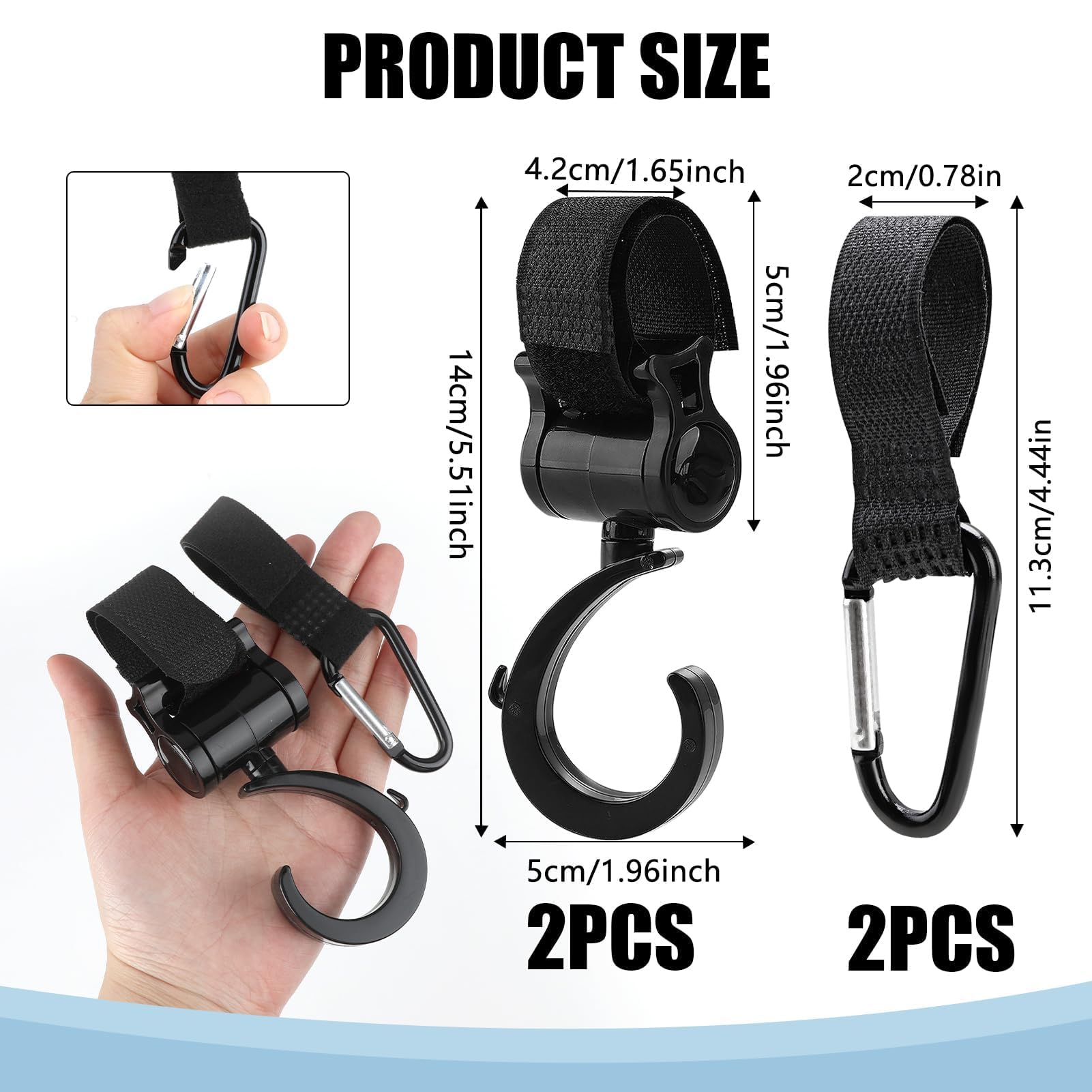 4 Pezzi Ganci Passeggino, Ganci per Passeggino Universale Leggero Rotanti Appendi, Multiuso Gancio Clip con Chiusura Regolabile, Ganci Appendere per La Spesa Borse Pannolini Borsette (Nero)