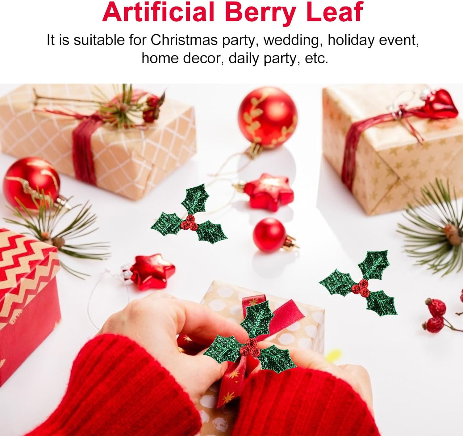 DOITOOL Christmas Artificial Berry Leaf Pick Headdress Decoration Accessories for DIY Hanging Ornaments Embroidered Appliqu for Holiday Party and Home Decor 1.37X1.18 Inch