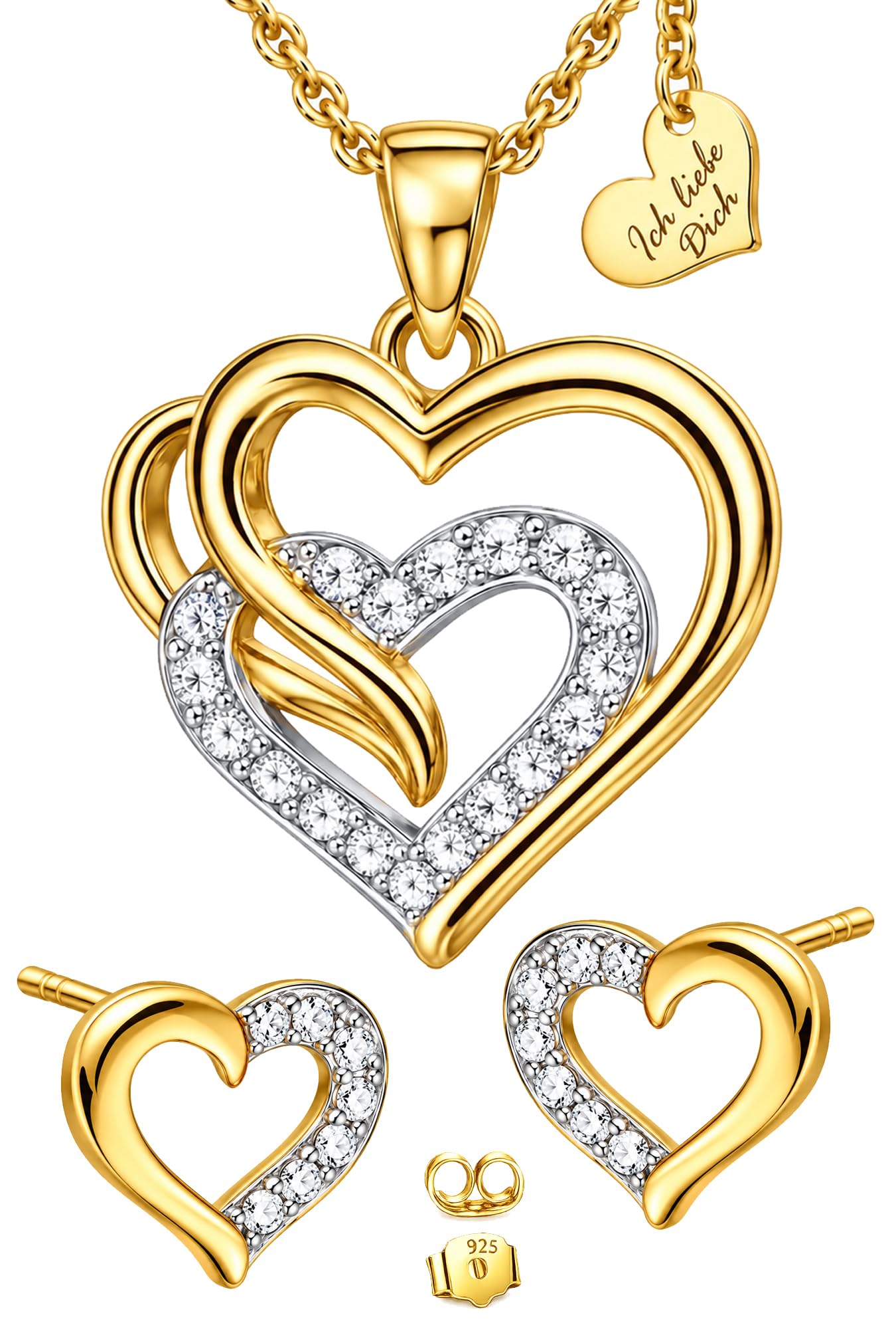 Schmuck Set Damen Silber 925 - Gold Zirkonia Herz 3tlg.