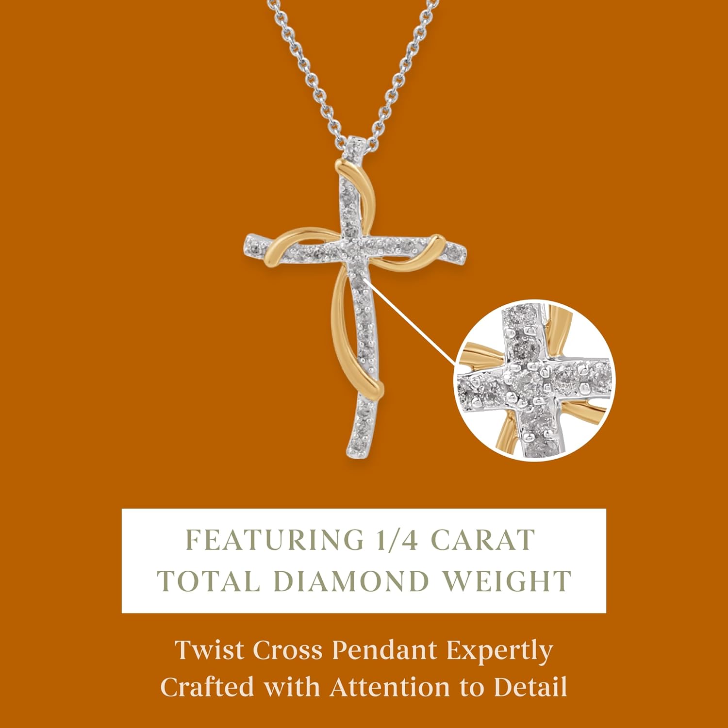 GILDED 14K Yellow Gold over 925 Sterling Silver Necklace for Women with Natural Diamond and Twist Cross Pendant, 14K Gold Plated over Sterling Silver, 925 Sterling Silver, 18" Cable Chain, 1/4 Carat Total Weight Diamonds & Elegant Gift Box Included