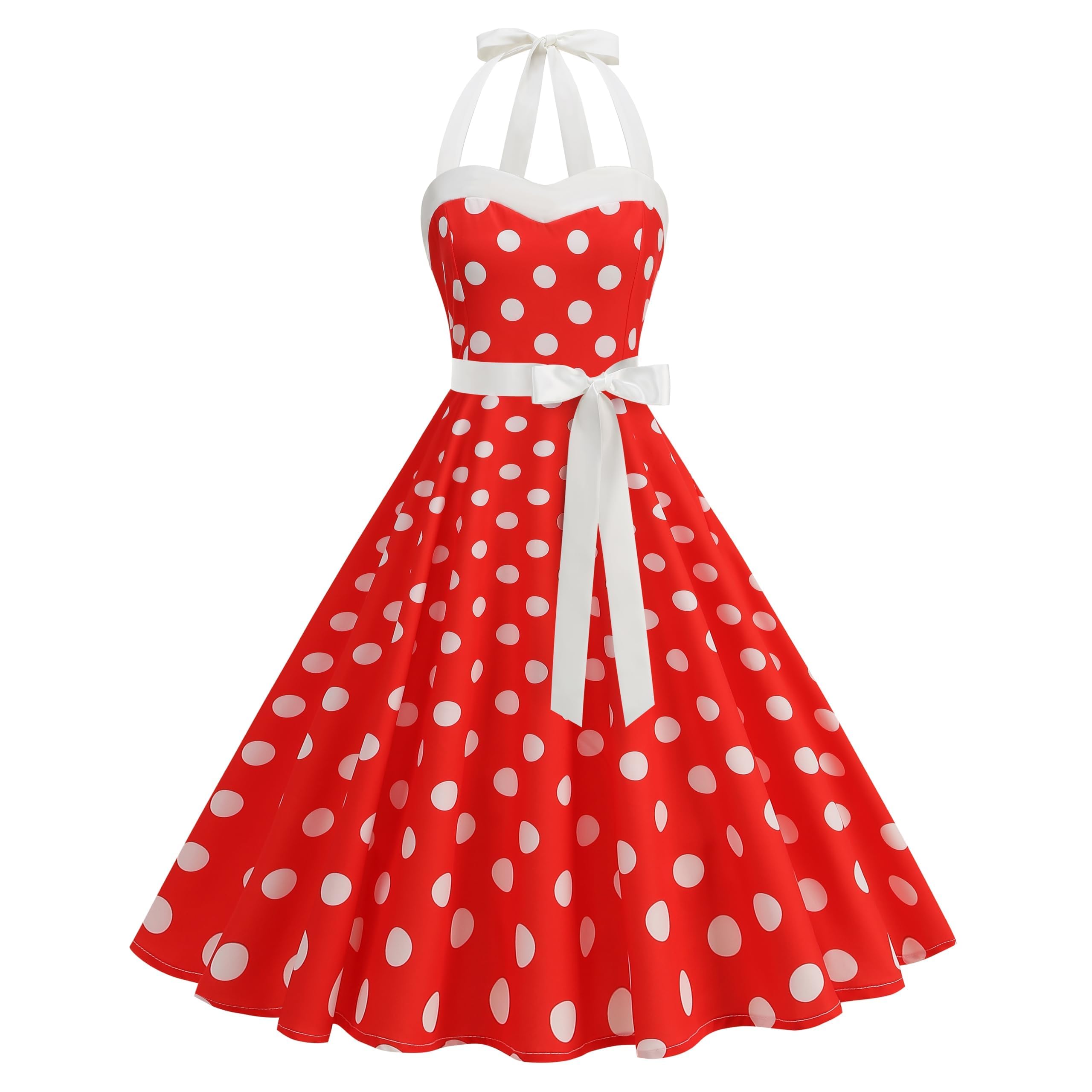 HAPNBCELE Vintage Dress 1950s for Women, Tea Party Halter Polka Dot Dresses Picnics Summer Vacation Beach Outfits Slim Fit (Large, Red)