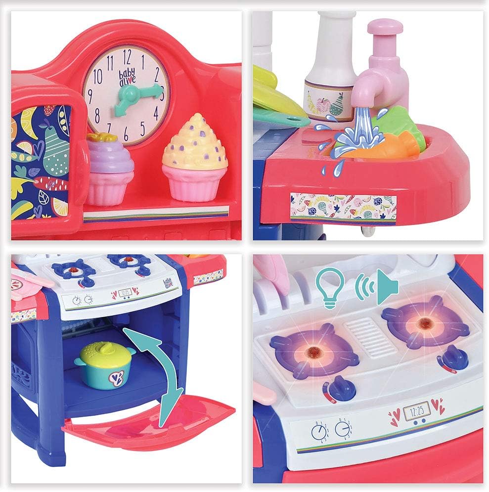 Baby Alive Doll Kitchen with 21 Assorted Play Pieces, Interactive Stove and a Real Working Water Pump with Sink