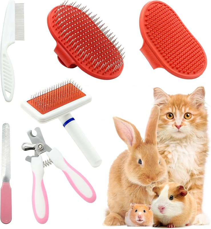 Kit de Higiene e Tosa para Pequenos Animais Crafterlife com Escovas, Luva Massageadora, Cortador e Lima de Unhas (Vermelho e Rosa)