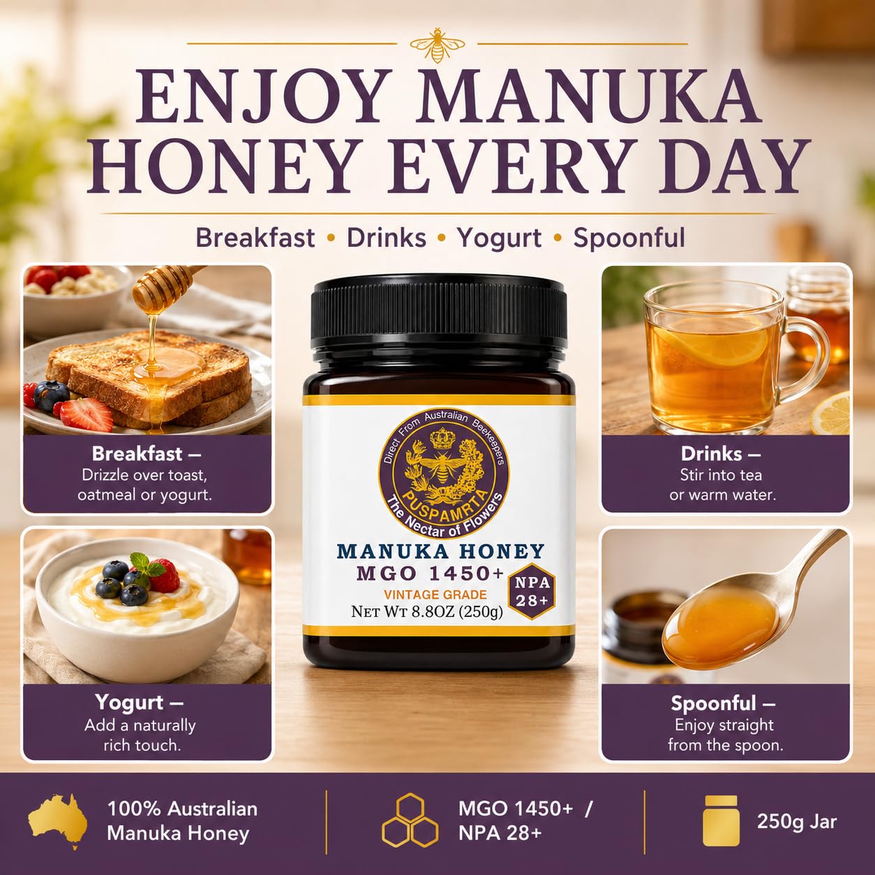 Puspamrta Australischer Manuka Rohhonig MGO 1450+ NPA 28+ 250g | MGO 1450+ NPA 28+ Australian Manuka honey, 250g jar for tea, toast, breakfast and pantry use