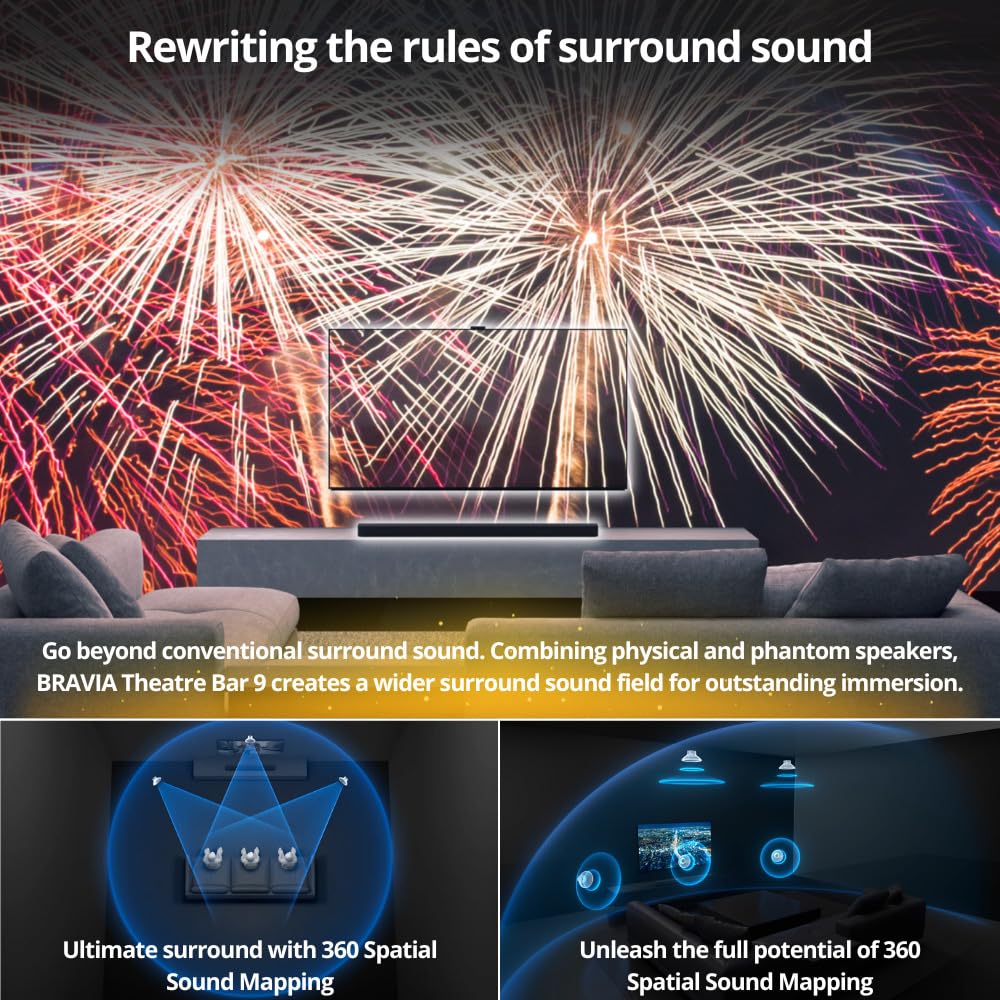Sony HT-A9000 BRAVIA Theater Bar 9 with Dolby Atmos and 360 Spatial Sound Mapping (Black) Bundle with Wireless Subwoofer, Rear Speakers, Isolation Feet, HDMI Cable, and Fastening Cable Ties (6 Items)