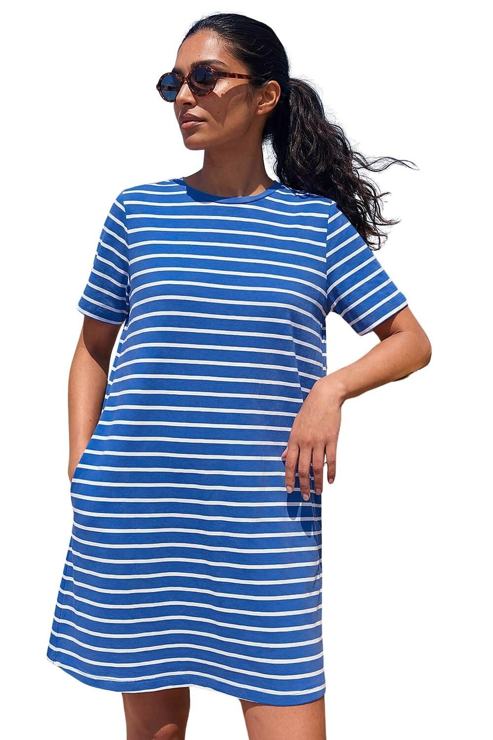 Roman Women's Stripe Stretch T-Shirt Dress in Blue | Size: 12