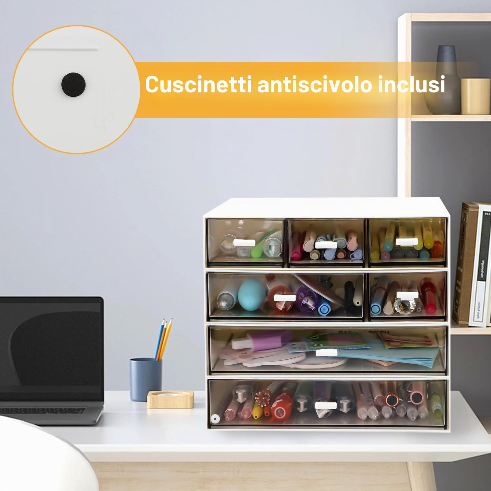 Organizer da scrivania a 4 ripiani con 7 cassetti, impilabile da scrivania con 20 imbottiture antiscivolo, organizer per trucchi per cancelleria e conservazione a casa