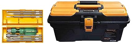 Taparia 840 Screw Driver Set with Neon Bulb (Silver and Green) & Taparia Plastic Tool Box with Organizer (PTB16) Black: Orange