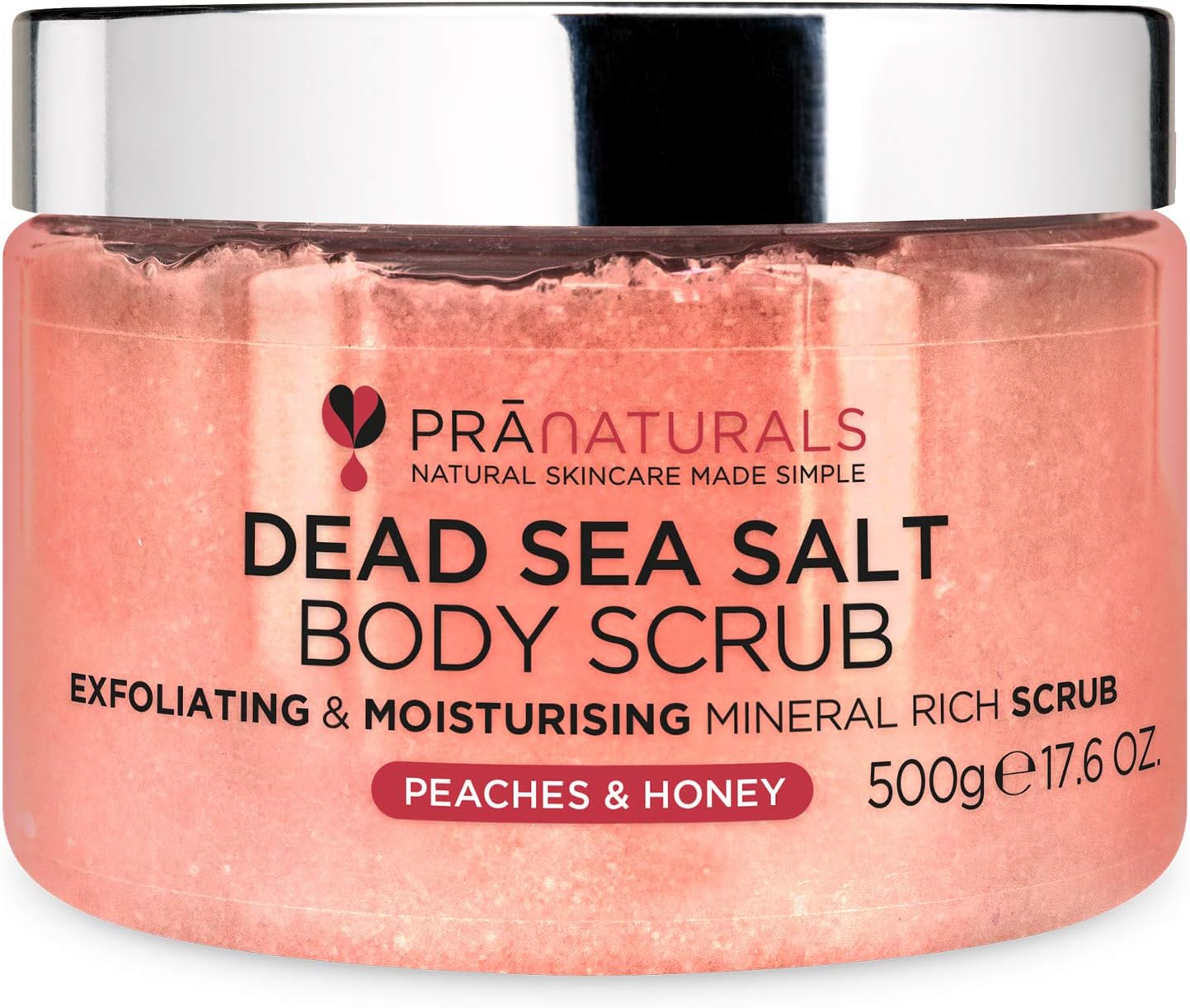 Dead Sea Salt with Peach & Honey Body Scrub 500G – Hydrating & Moisturising, With natural oils & minerals, Softening & nourishing, Sweet fruity fragrance, No Parabens, Vegan & Cruelty Free
