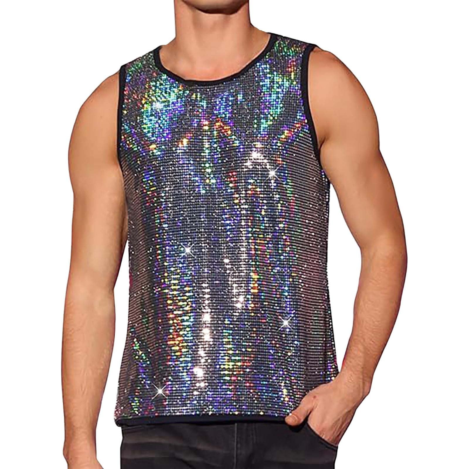 Herren-Tanktop mit Pailletten, glänzendes, metallisches ärmelloses T-Shirt, Rundhalsausschnitt, glitzernde Westen, Disco-Party, Pailletten-Westen, schmale Passform, Glitzer-Tanktops für Nachtclub,