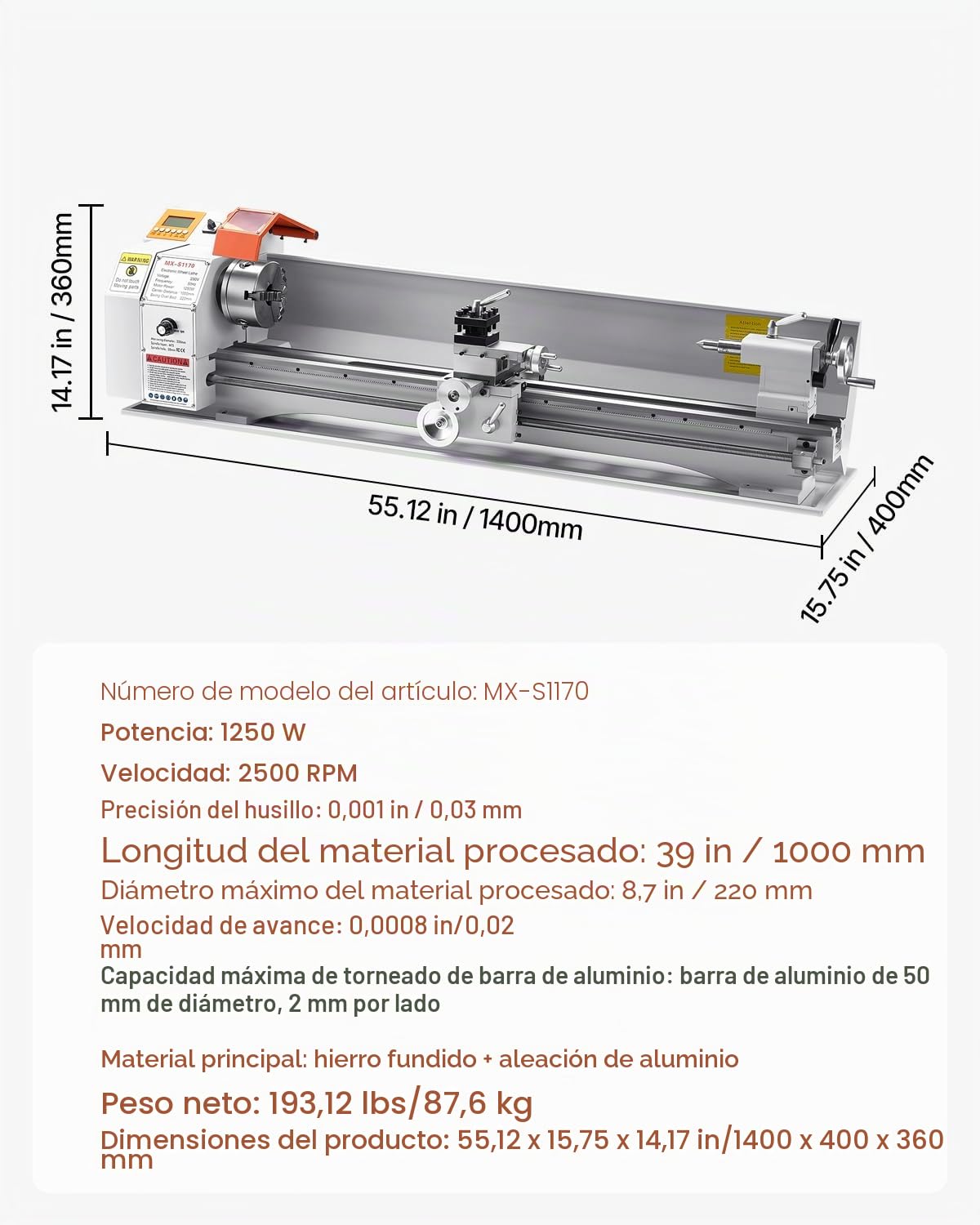 VEVOR Torno de Metal, 220 x 1000 mm Velocidad Variable 2500 RPM, 1250 W Torno de Banco con Alimentación Automática, Sistema de Roscado Electrónico, para Mecanizar Metales Blandos, Plástico
