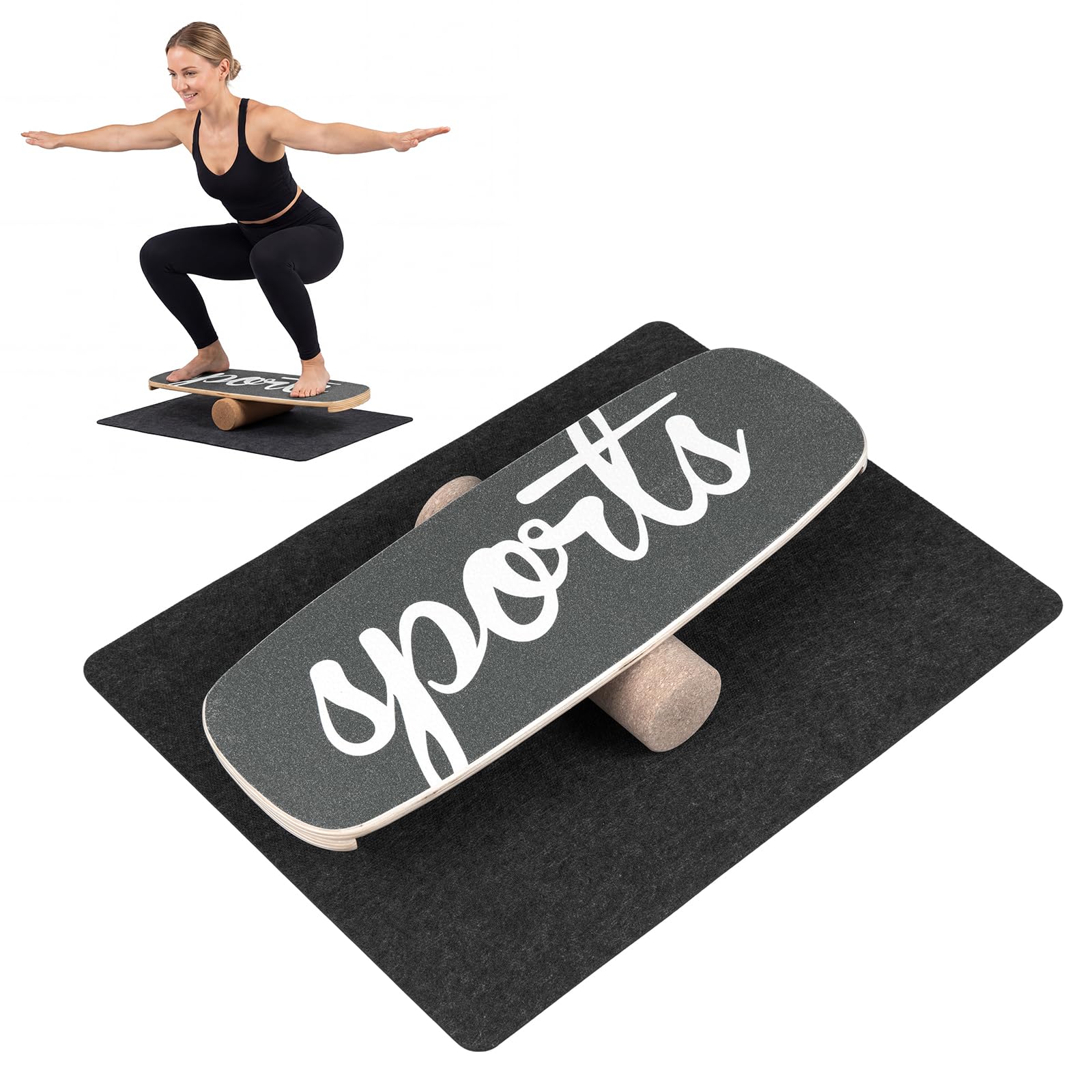 COSTWAY Balance Board, 17 mm Wackelbrett mit 10 cm Korkrolle & Filzmatte, Surfboard aus Birkenholz bis 100 kg belastbar, Balancierbrett mit rutschfester Oberfläche für Kinder, Erwachsene