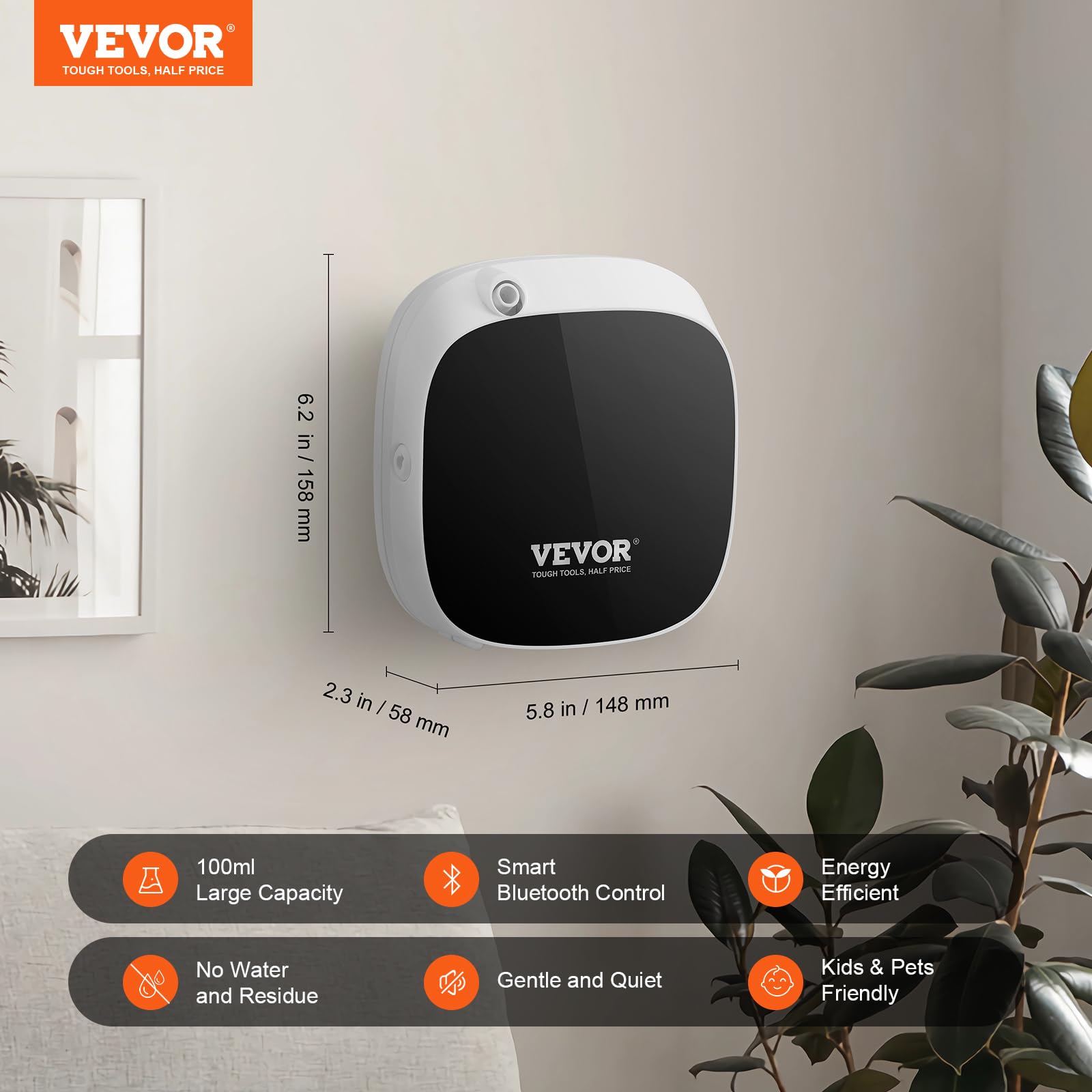 VEVOR Máquina de Aire aromático para el hogar, difusor Inteligente de aceites Esenciales de 100 ml con tecnología de Aire frío, difusor de Aire sin Agua con USB y Funciona con Pilas