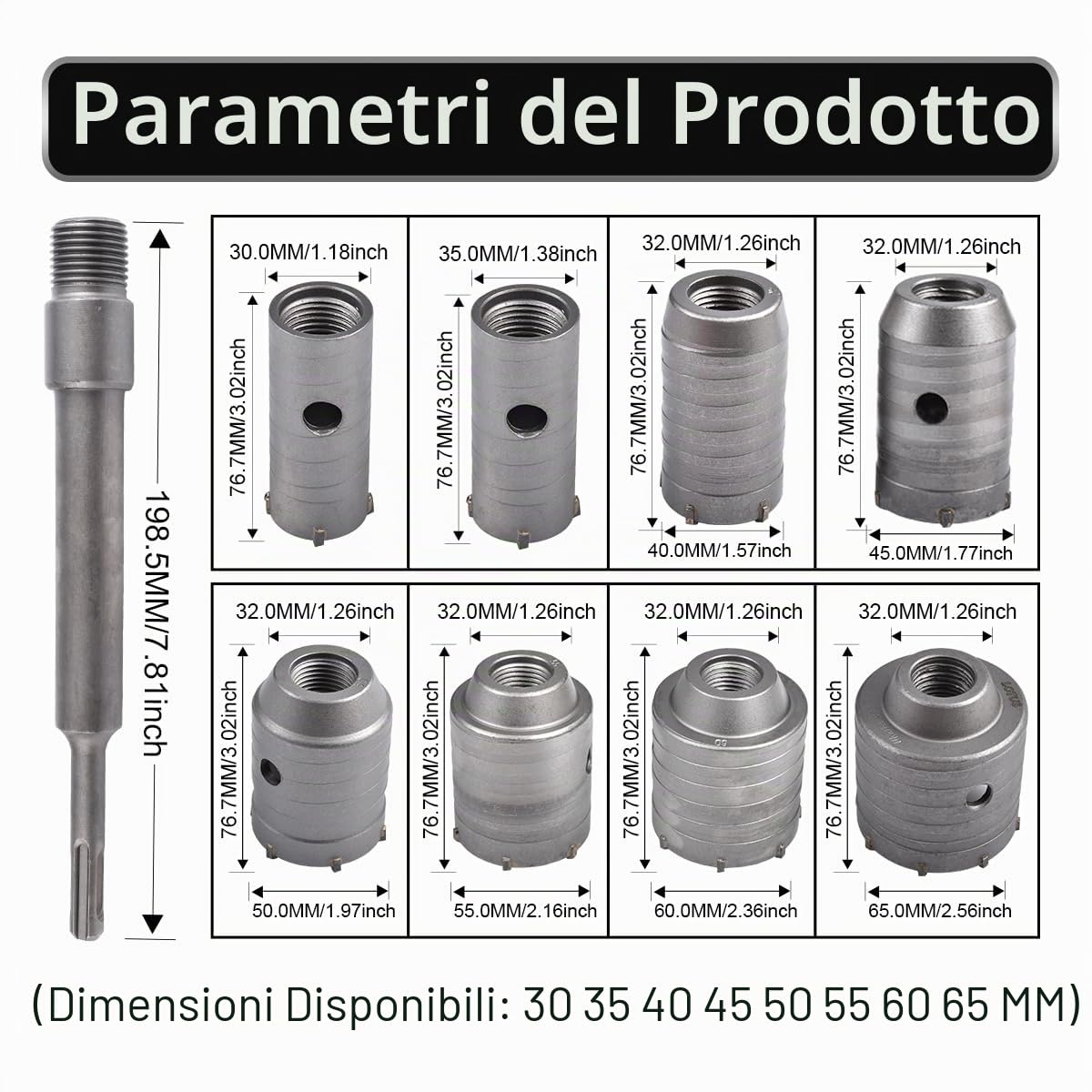 8 Pz Seghe a Tazza per Muro, Sega Fresa a Tazza Carotatrice Muro Cemento + 200mm Asta di Collegamento + Punta Centrale + Vite di Posizionamento - 30mm, 35mm, 40mm, 45mm, 50mm, 55mm, 60mm, 65mm